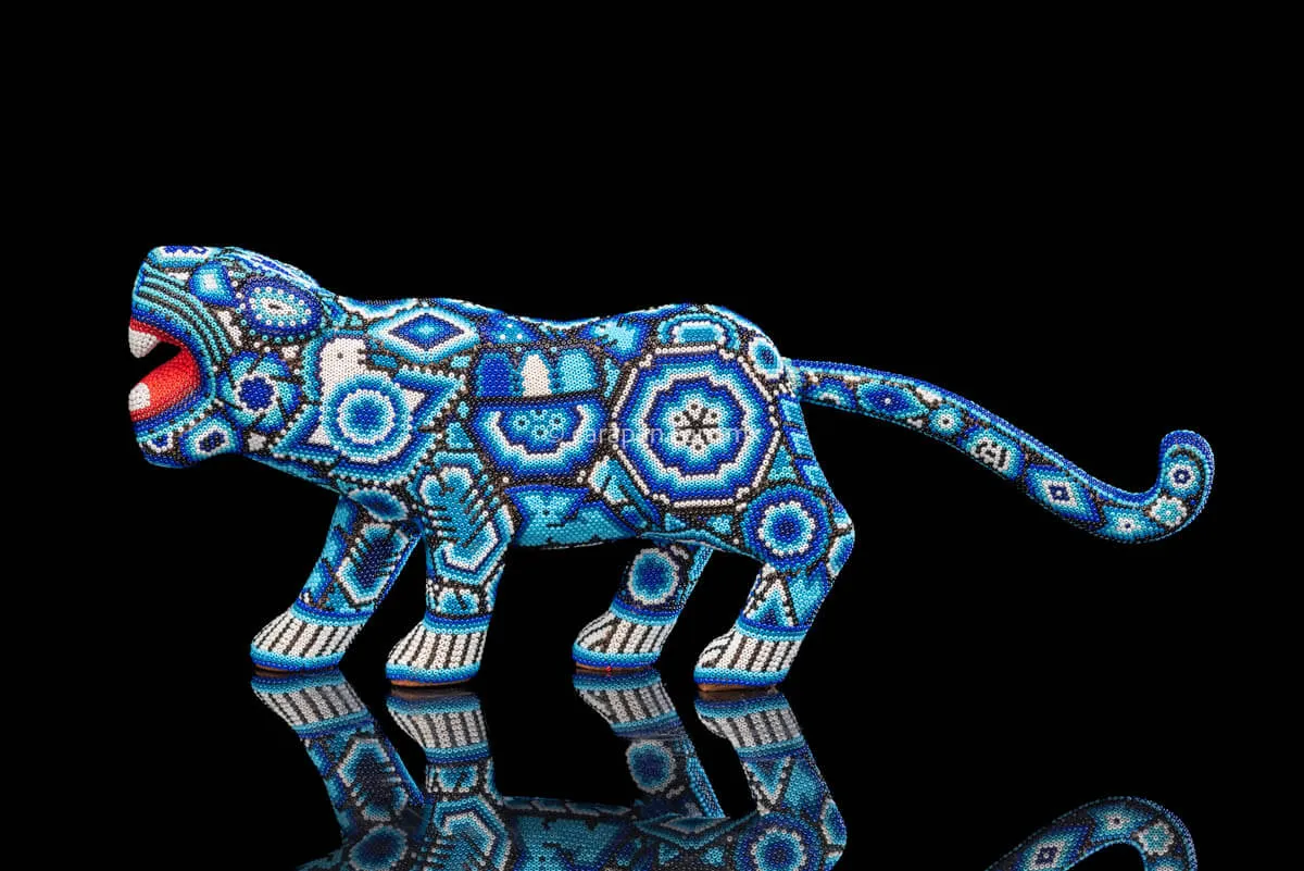 Huichol Bead Art Blue & White Jaguar