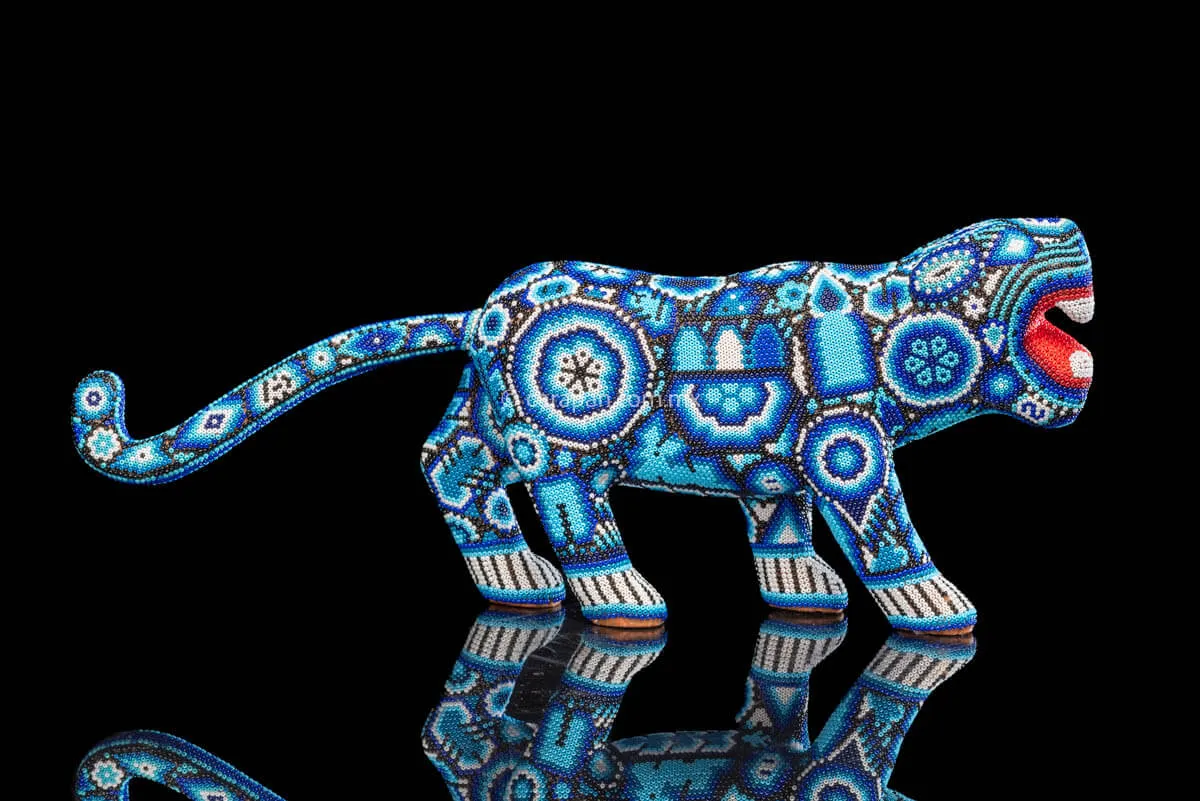 Huichol Bead Art Blue & White Jaguar
