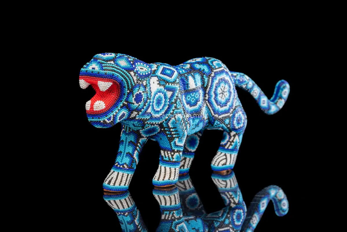 Huichol Bead Art Blue & White Jaguar