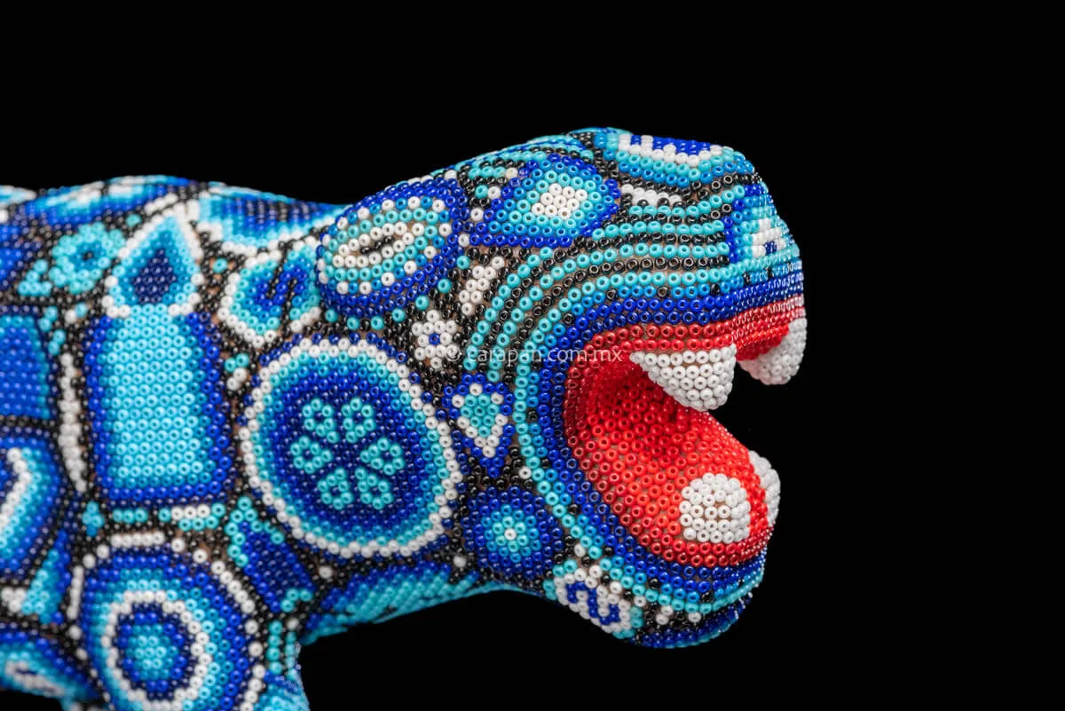 Huichol Bead Art Blue & White Jaguar