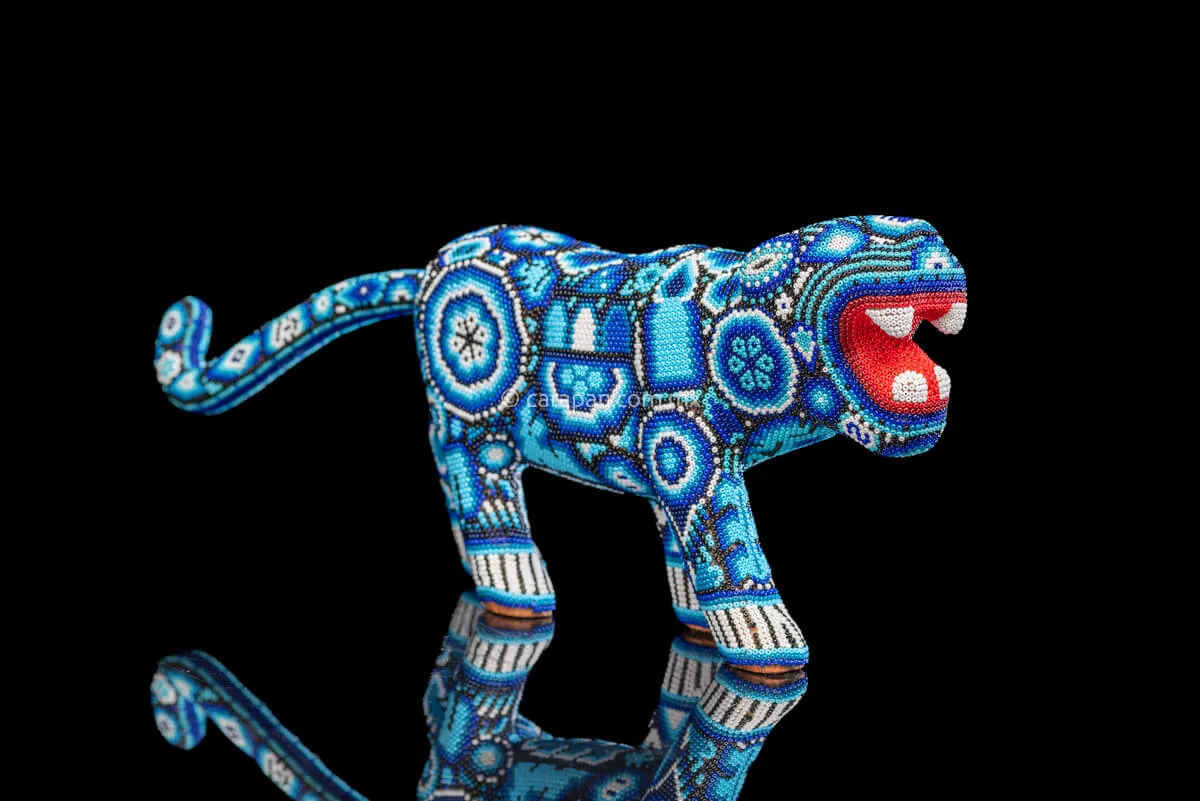 Huichol Bead Art Blue & White Jaguar