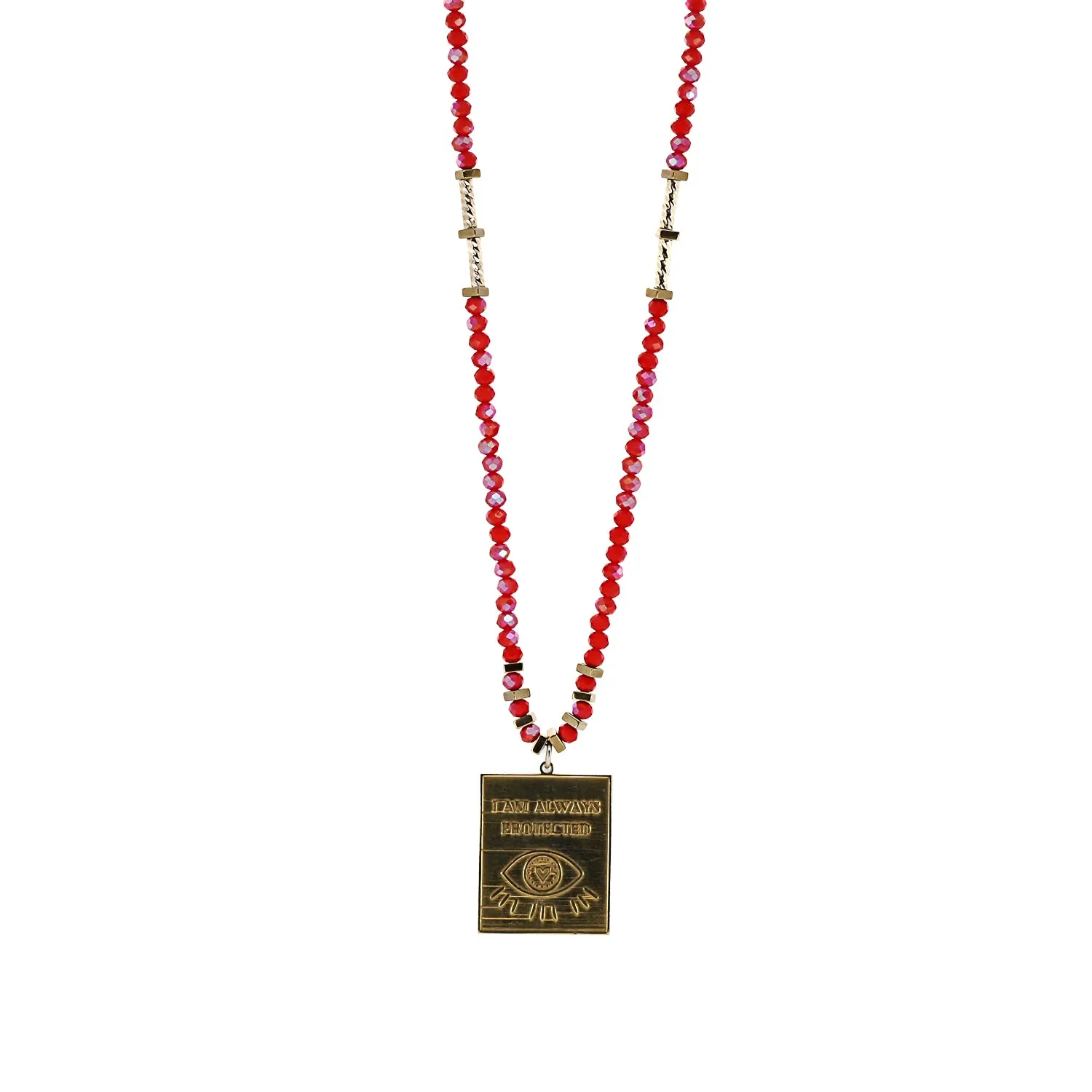I Am Always Protected Gold Pendant Red Beaded Necklace
