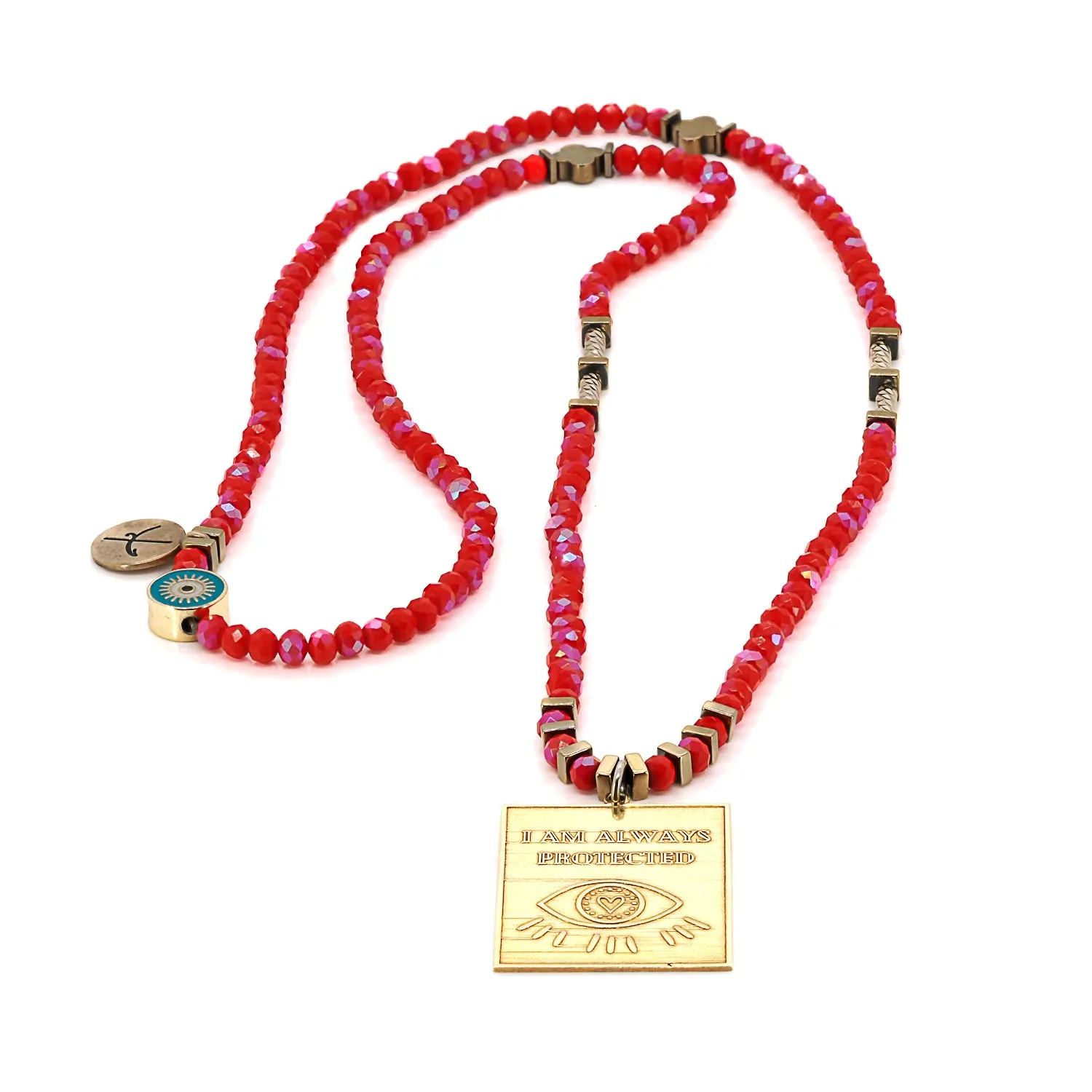 I Am Always Protected Gold Pendant Red Beaded Necklace