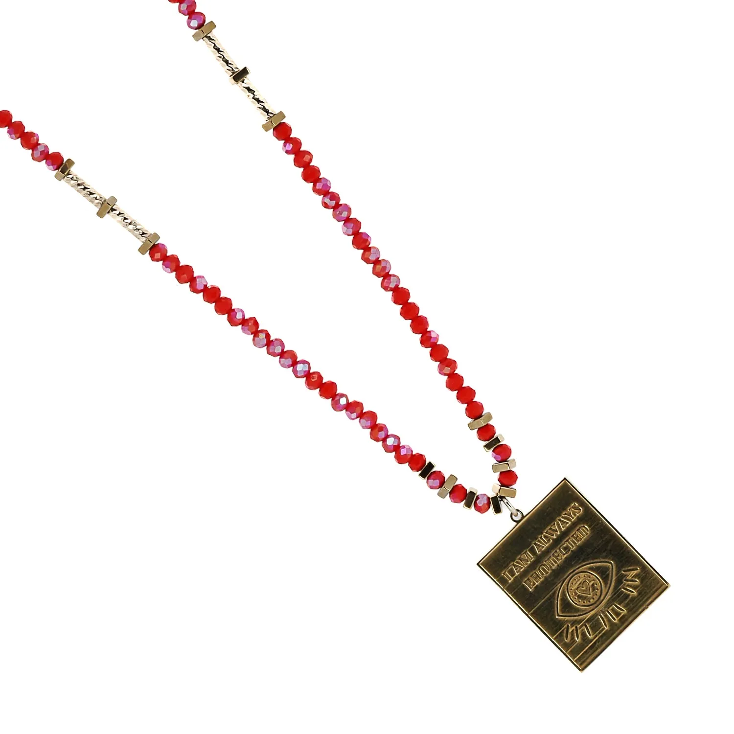 I Am Always Protected Gold Pendant Red Beaded Necklace