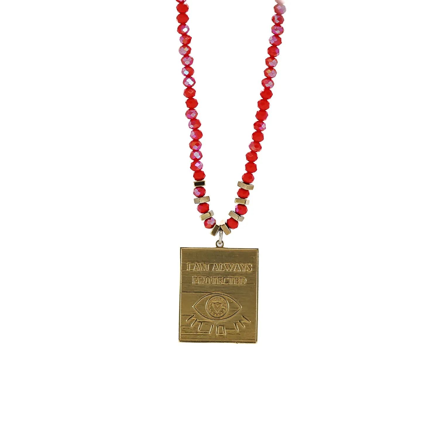 I Am Always Protected Gold Pendant Red Beaded Necklace