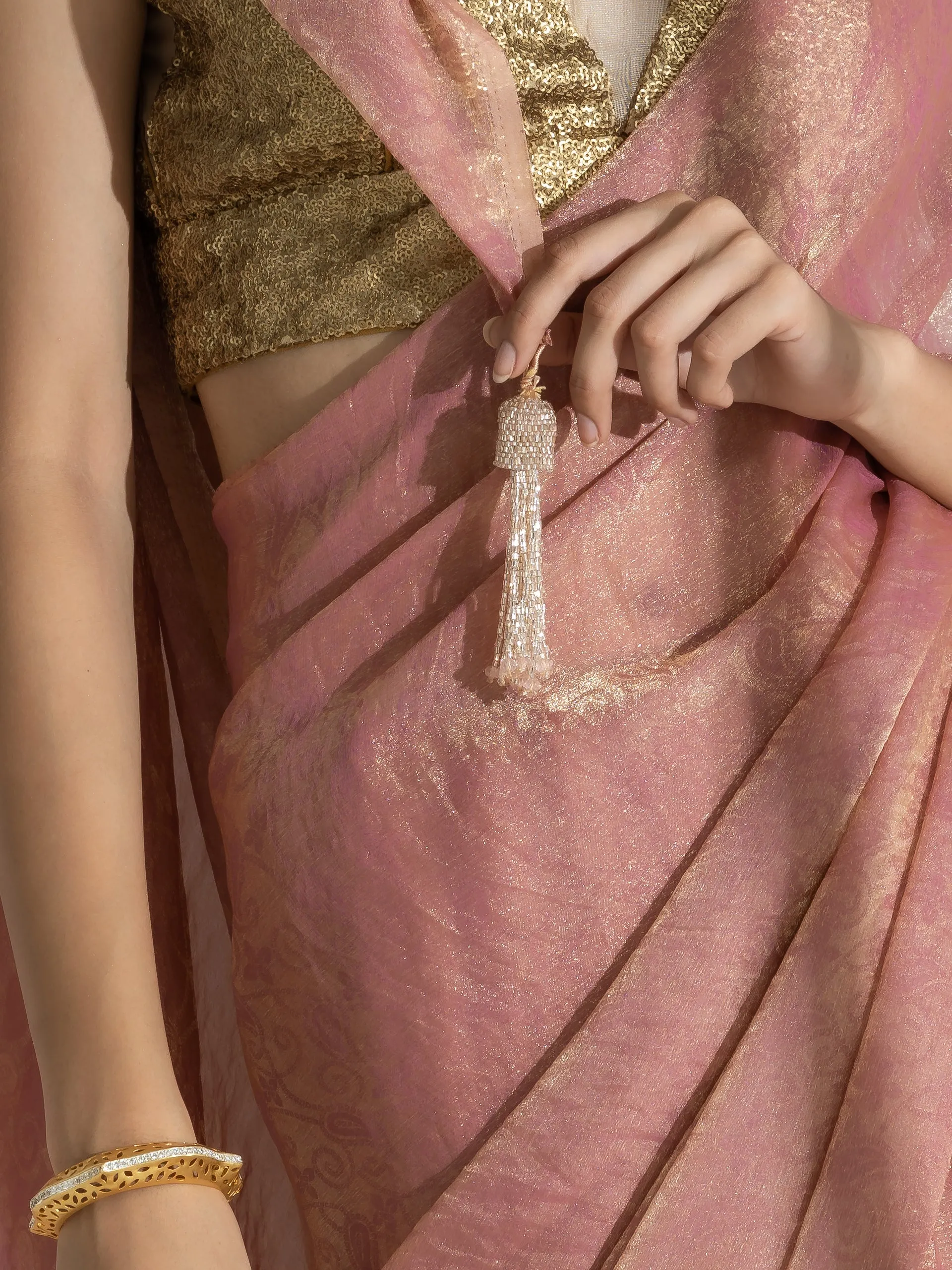 Illusion Pink Paisely Gold design Chiffon Saree with long Beaded Latkan