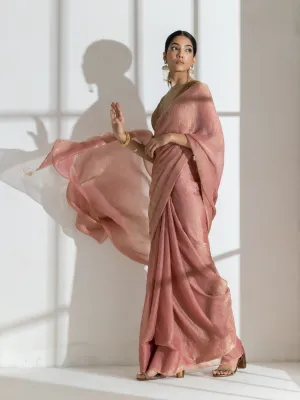 Illusion Pink Paisely Gold design Chiffon Saree with long Beaded Latkan