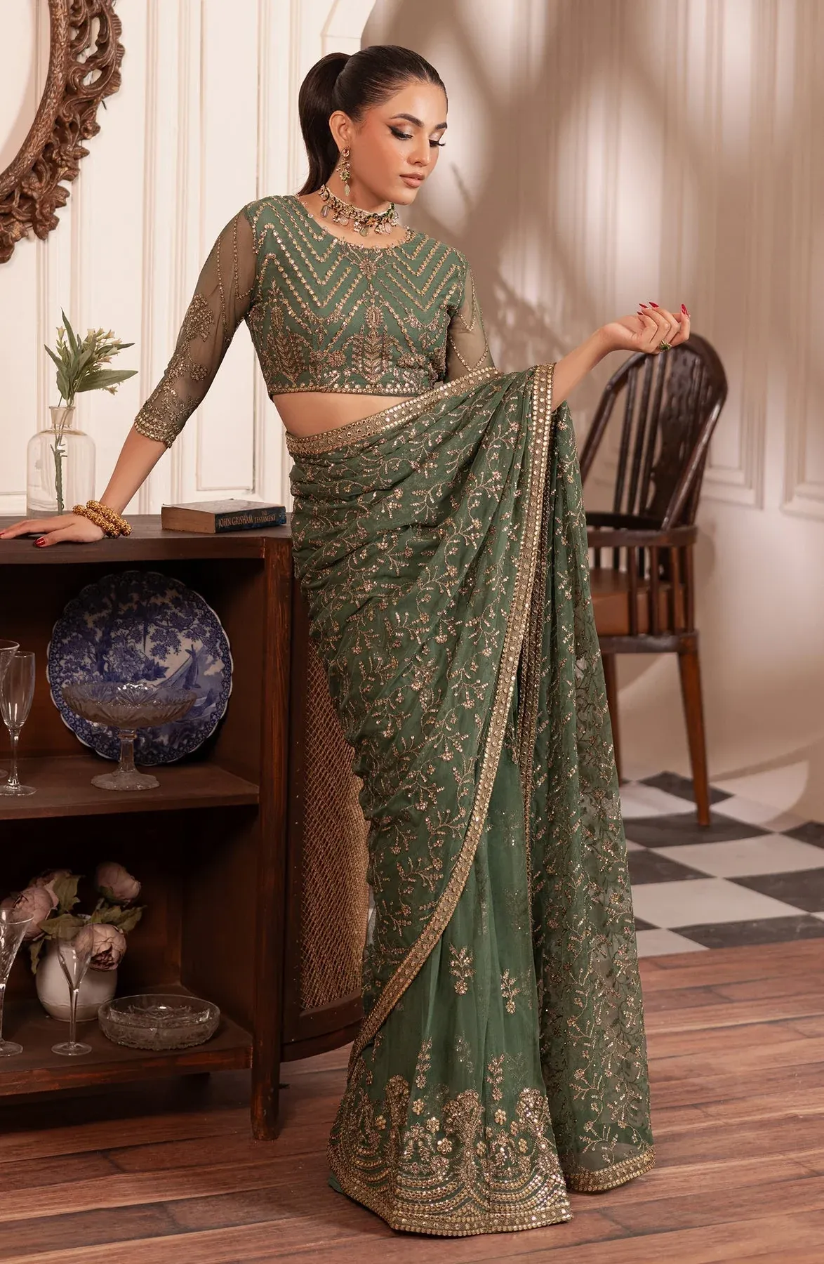 Inayat By Zarif Wedding Formals Net Embroidered Unstitched Saree 04 SHABAB