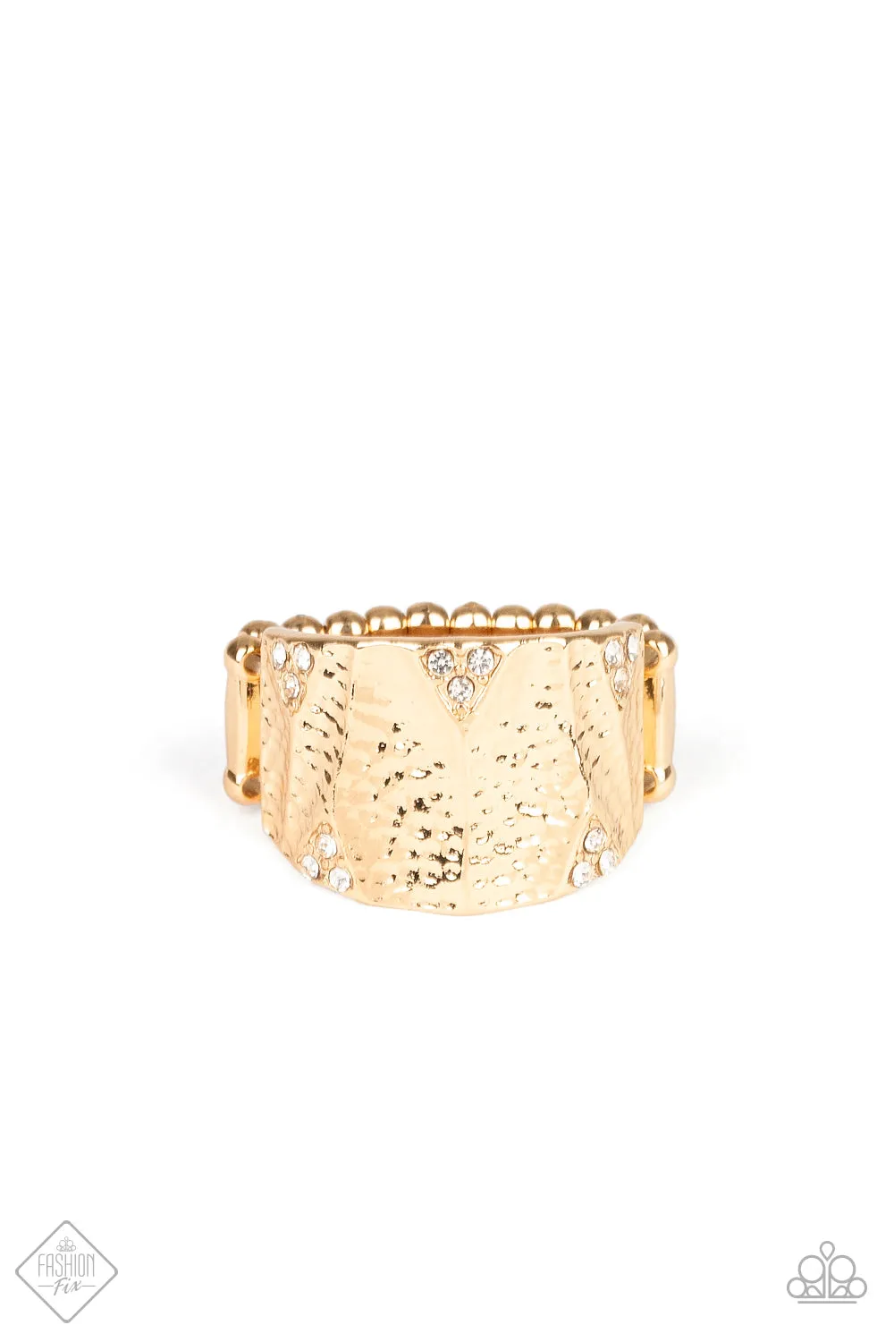 Industrial Indentation - Gold - Beveled Frame White Rhinestone Paparazzi Ring - April 2020 Magnificent Musings