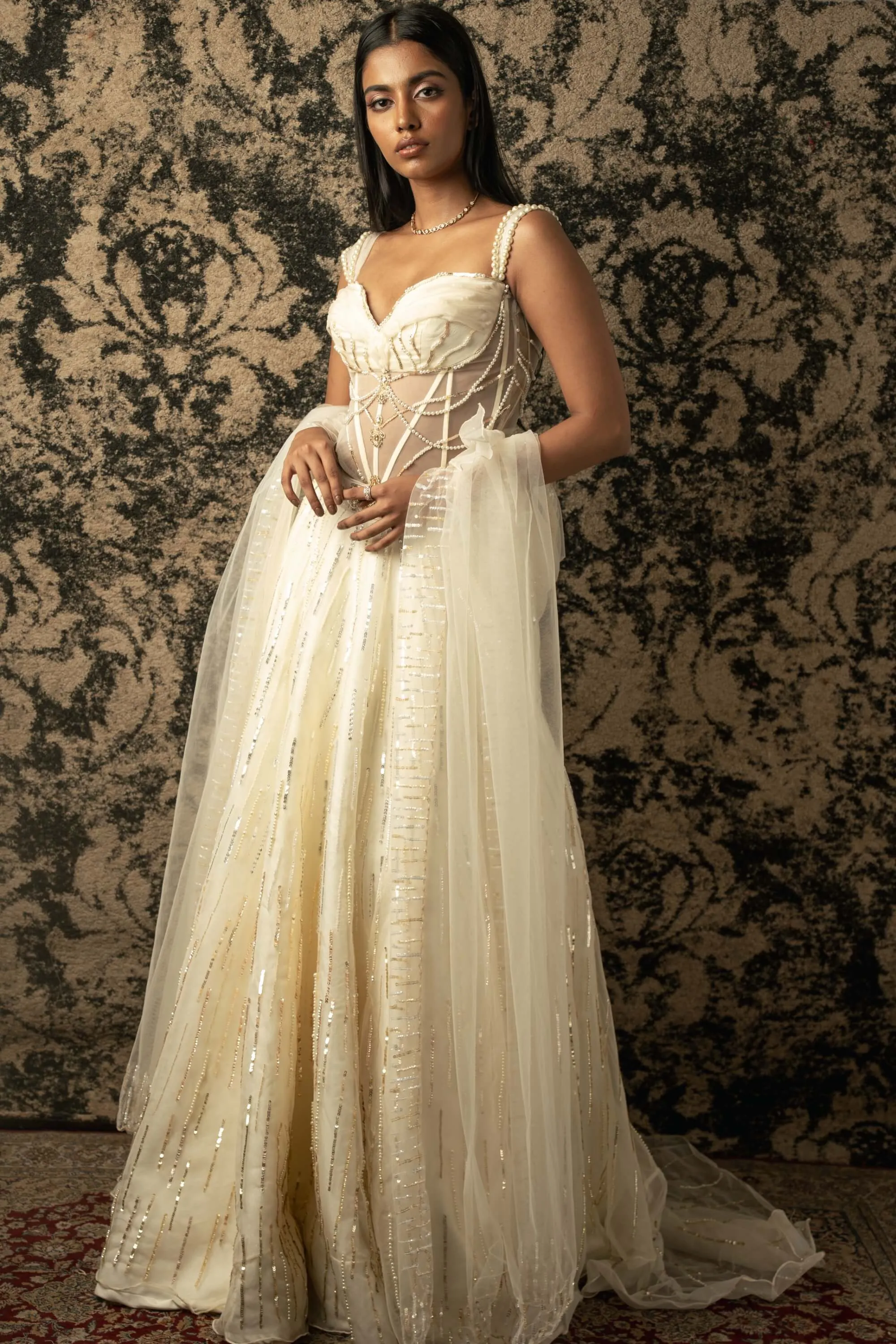 Ivory embroidered lehenga set