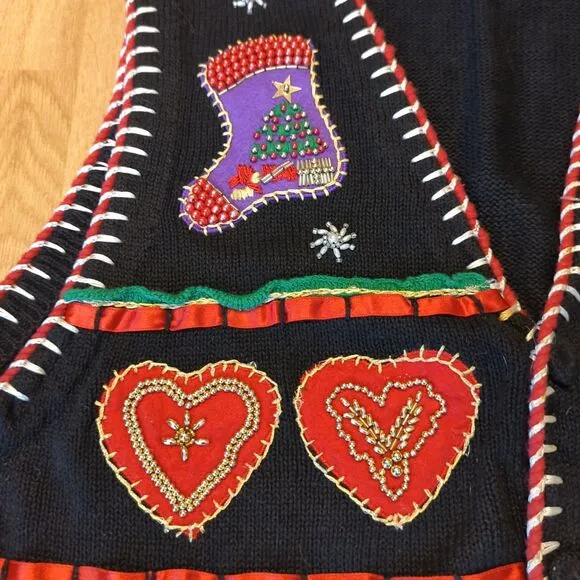 Jacque &amp; Koko Christmas Sweater Vest Womens 22/24 Beads Ugly Embroidered