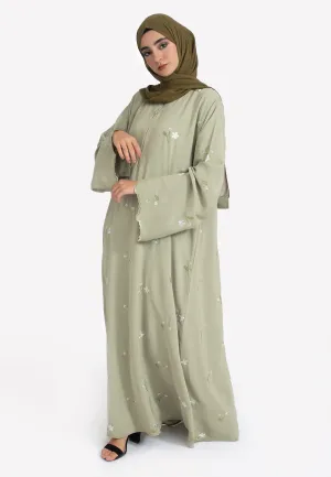 Jasmine Embroidered Closed Abaya With Zip - Pistachio