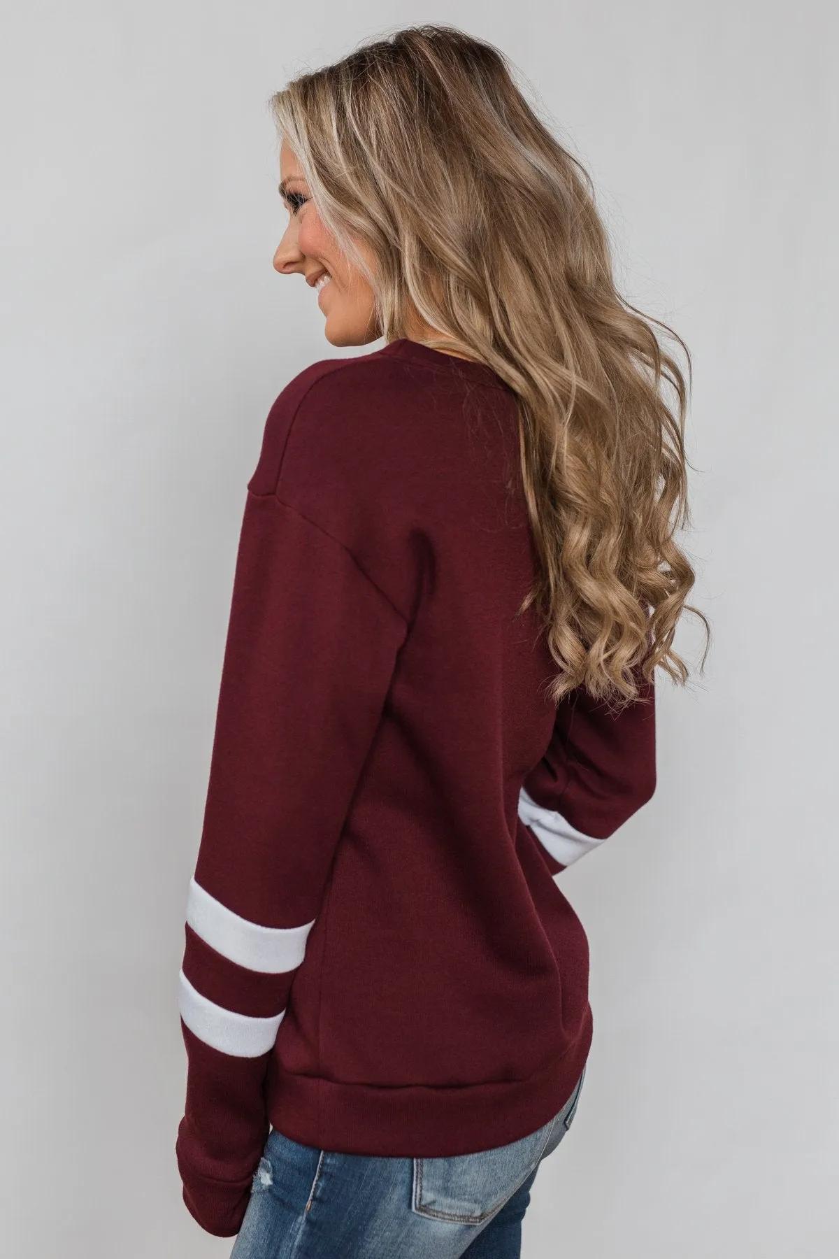 Just As Soft Varsity Stripe Crewneck- Burgundy