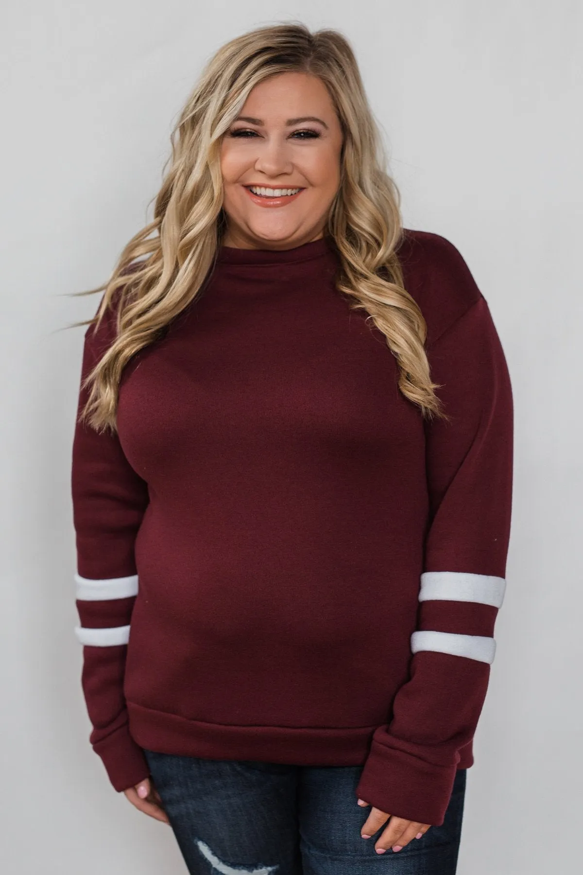 Just As Soft Varsity Stripe Crewneck- Burgundy