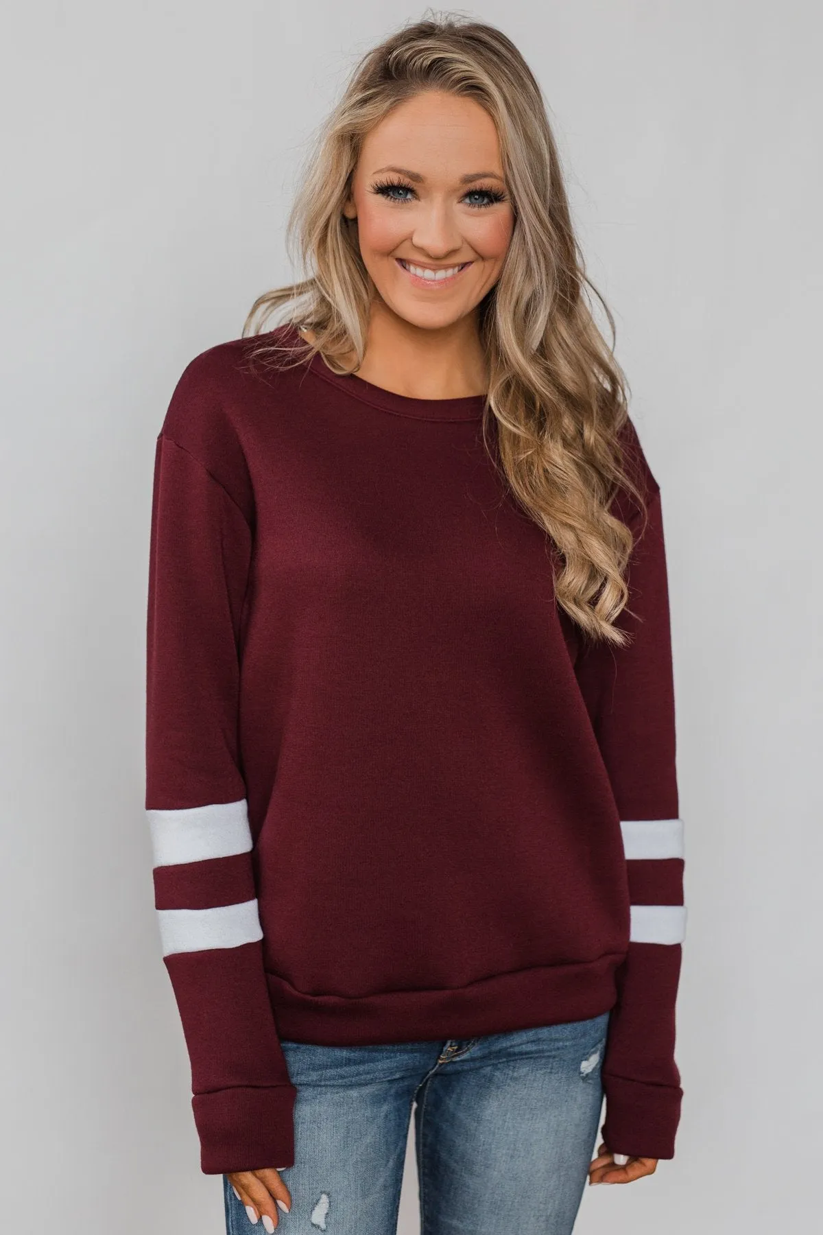 Just As Soft Varsity Stripe Crewneck- Burgundy