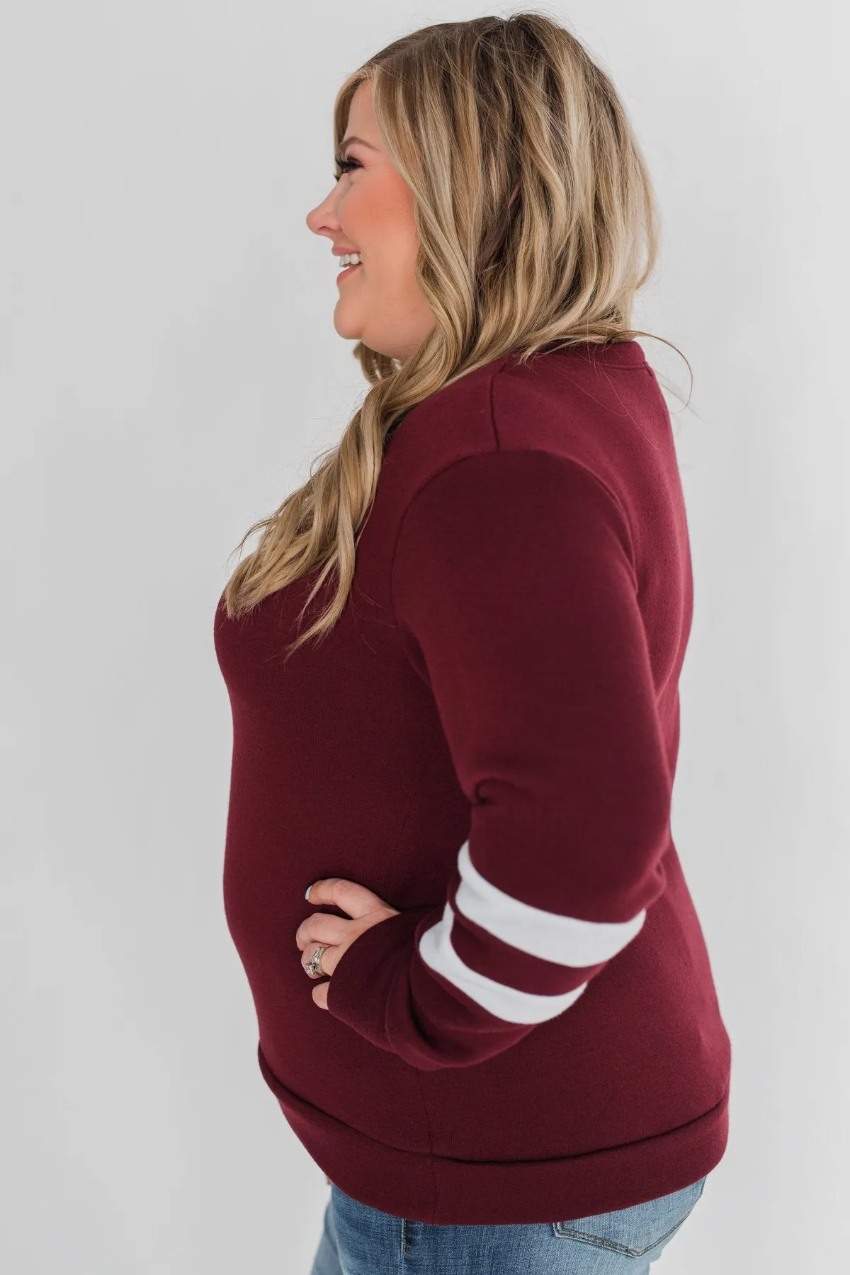Just As Soft Varsity Stripe Crewneck- Burgundy