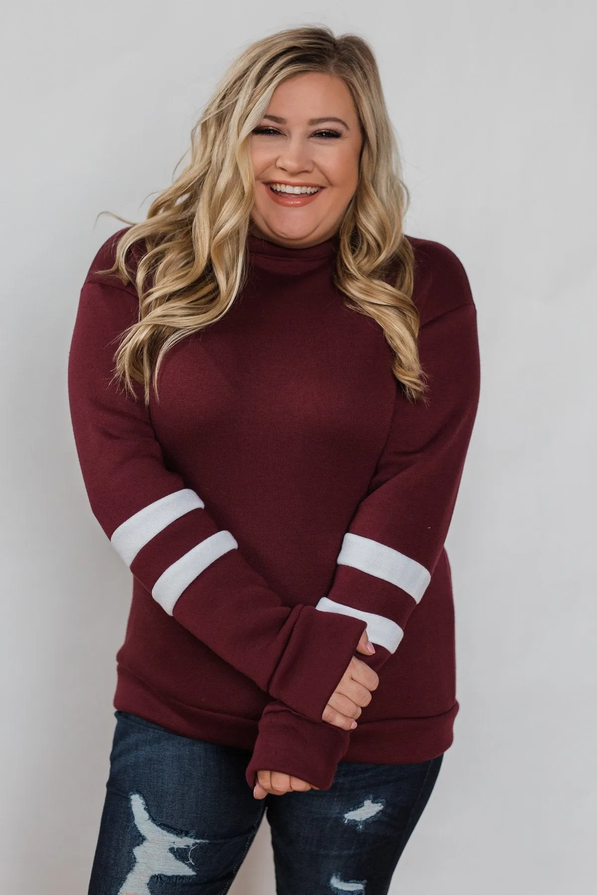 Just As Soft Varsity Stripe Crewneck- Burgundy