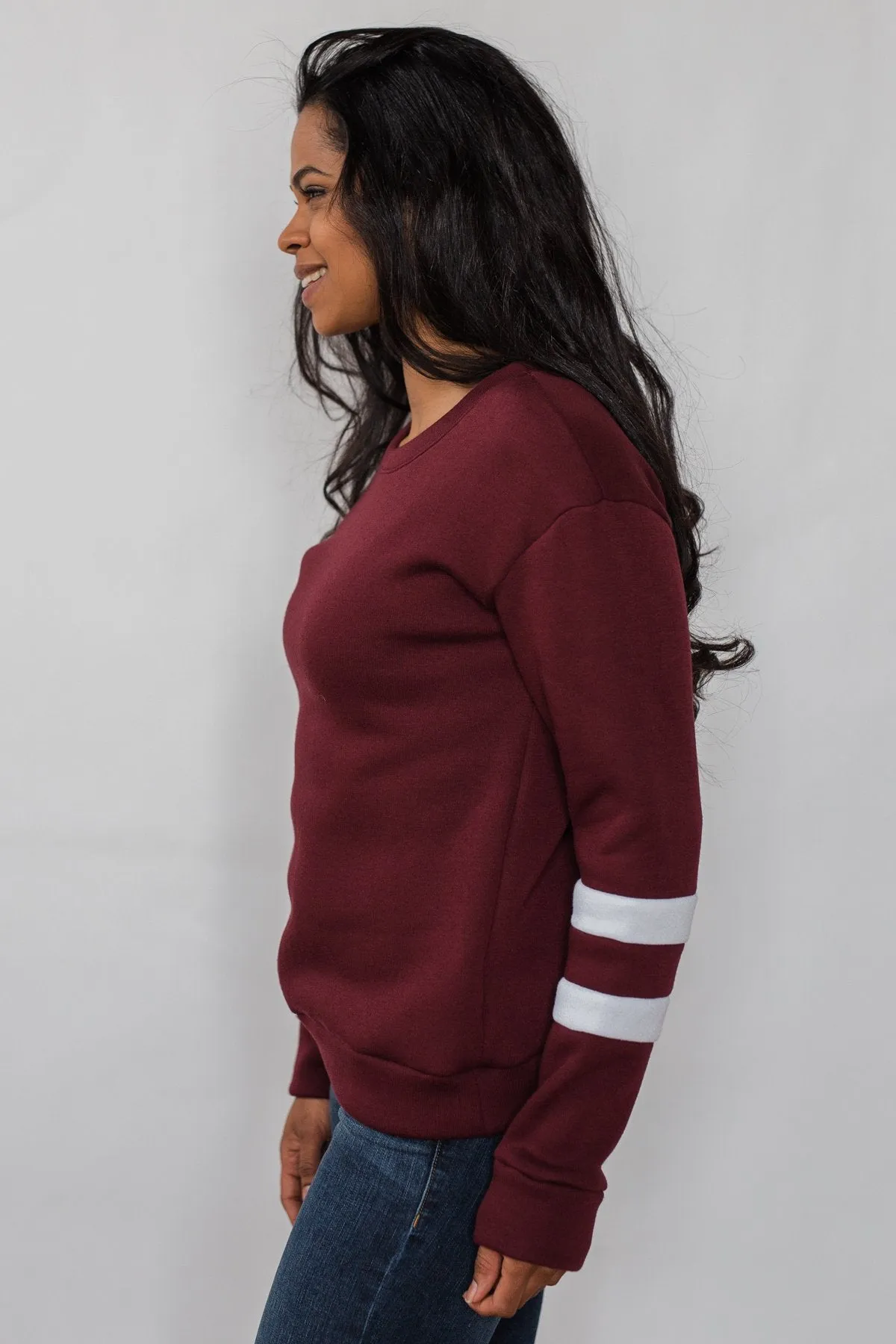 Just As Soft Varsity Stripe Crewneck- Burgundy