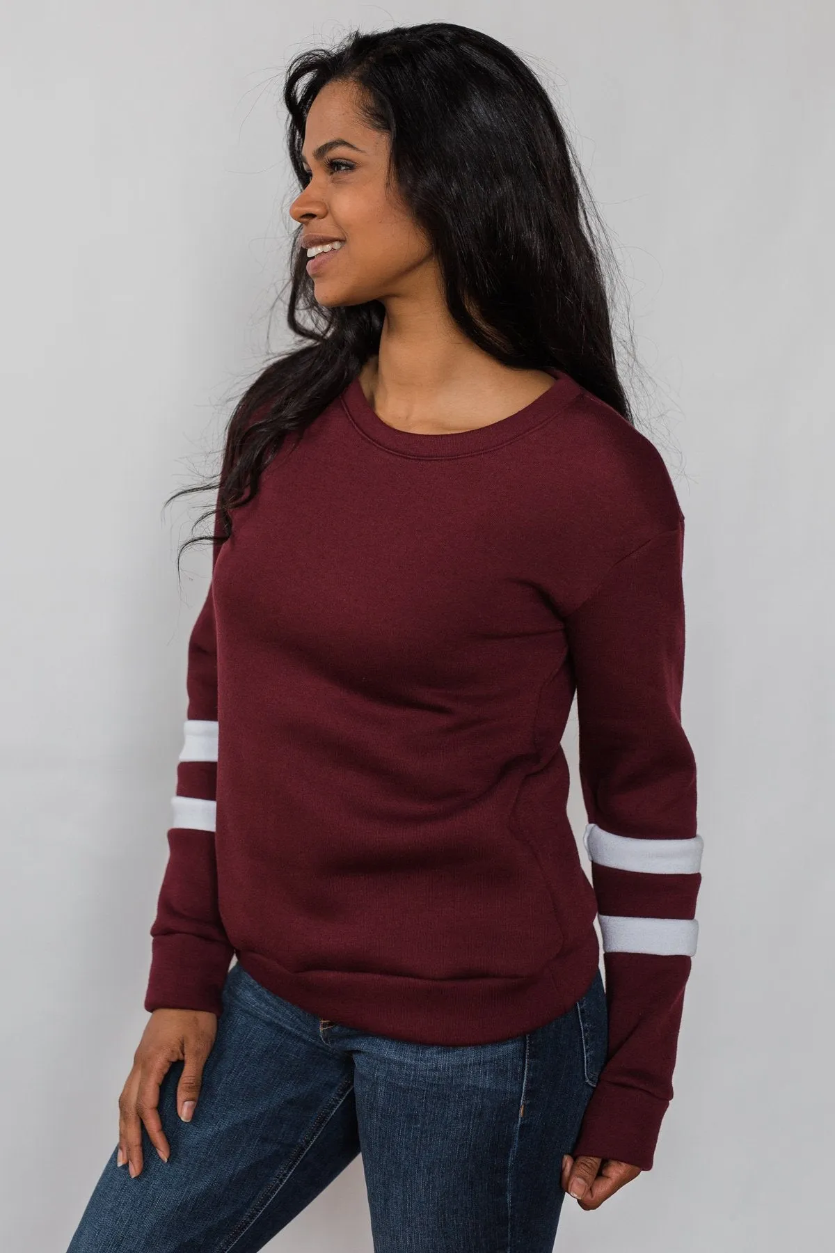 Just As Soft Varsity Stripe Crewneck- Burgundy