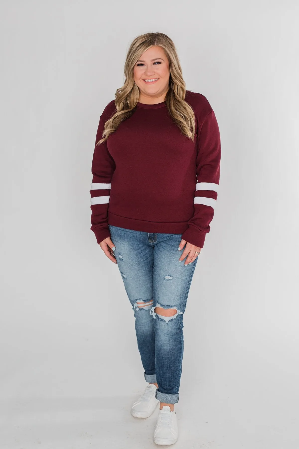 Just As Soft Varsity Stripe Crewneck- Burgundy