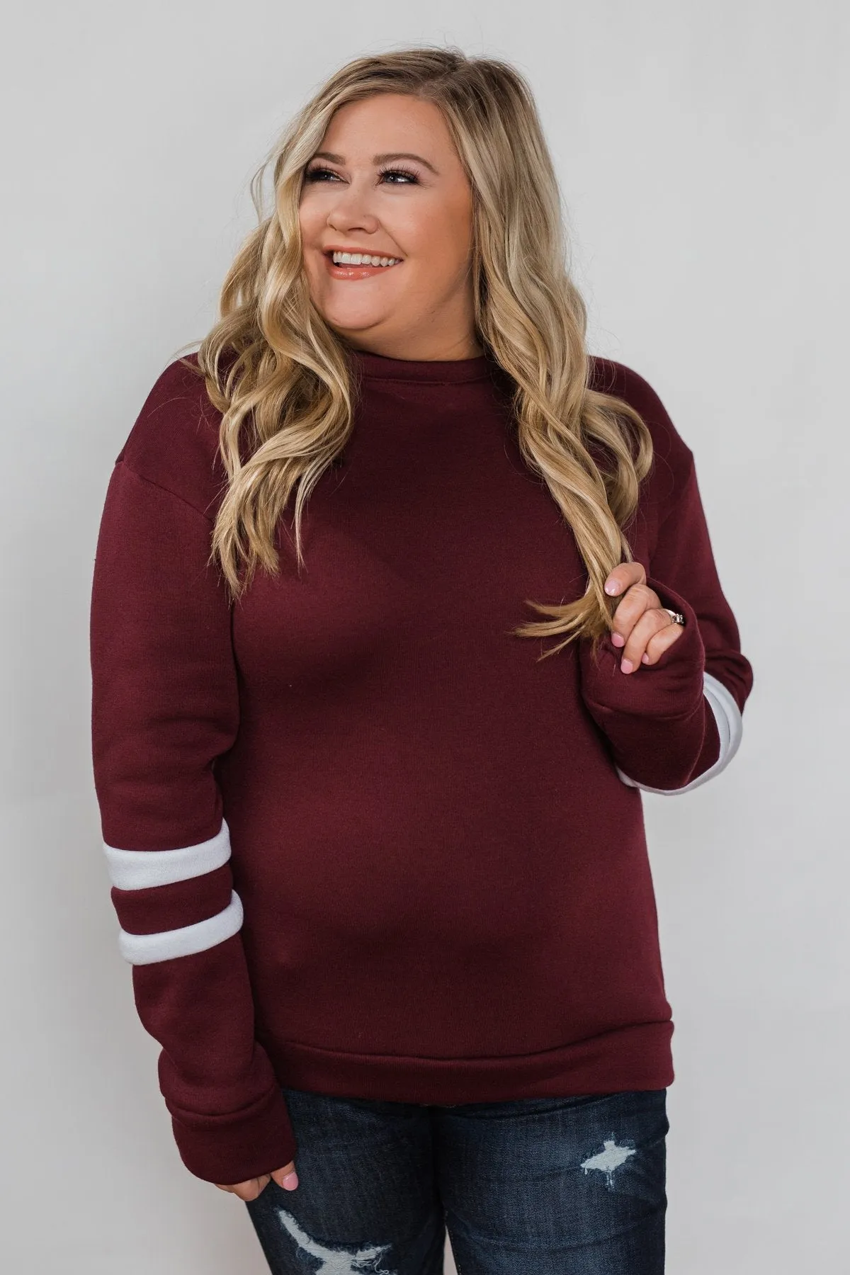 Just As Soft Varsity Stripe Crewneck- Burgundy