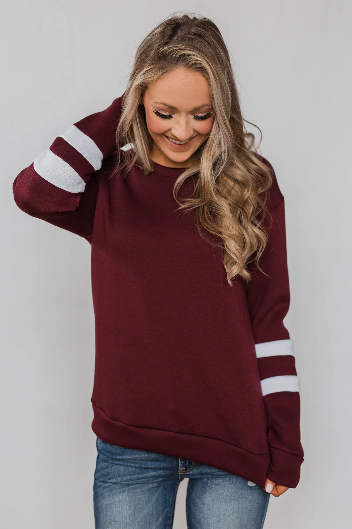 Just As Soft Varsity Stripe Crewneck- Burgundy