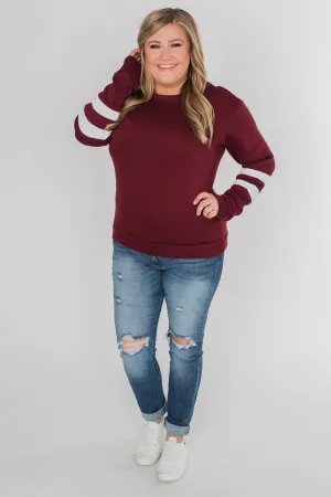 Just As Soft Varsity Stripe Crewneck- Burgundy