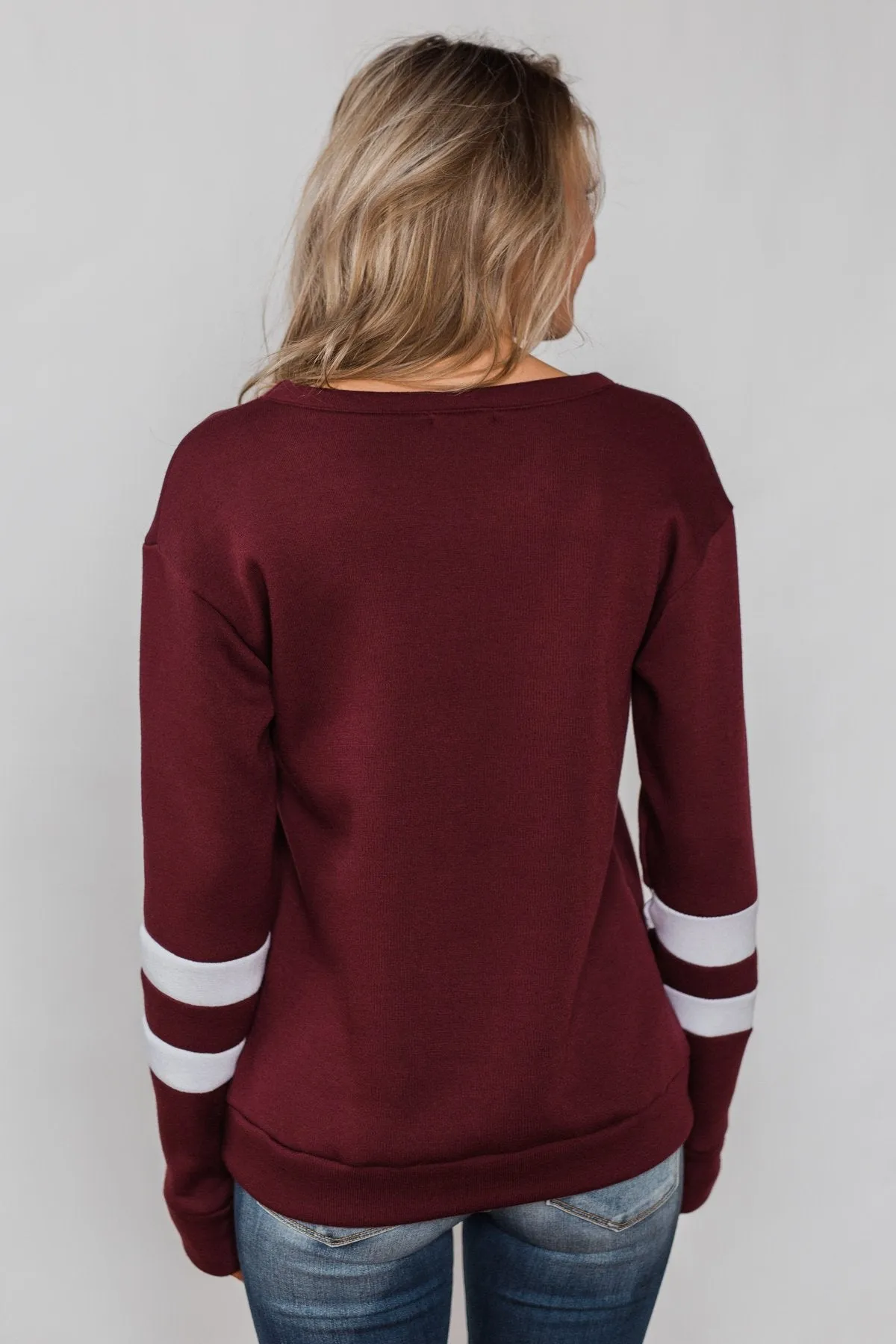 Just As Soft Varsity Stripe Crewneck- Burgundy