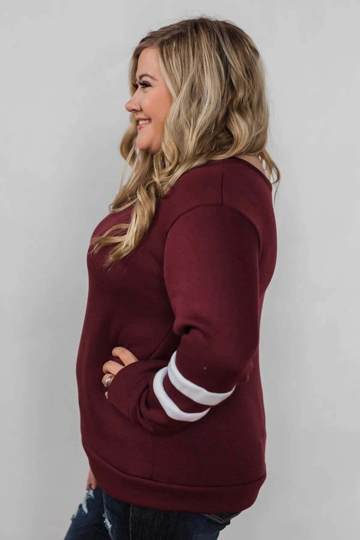 Just As Soft Varsity Stripe Crewneck- Burgundy