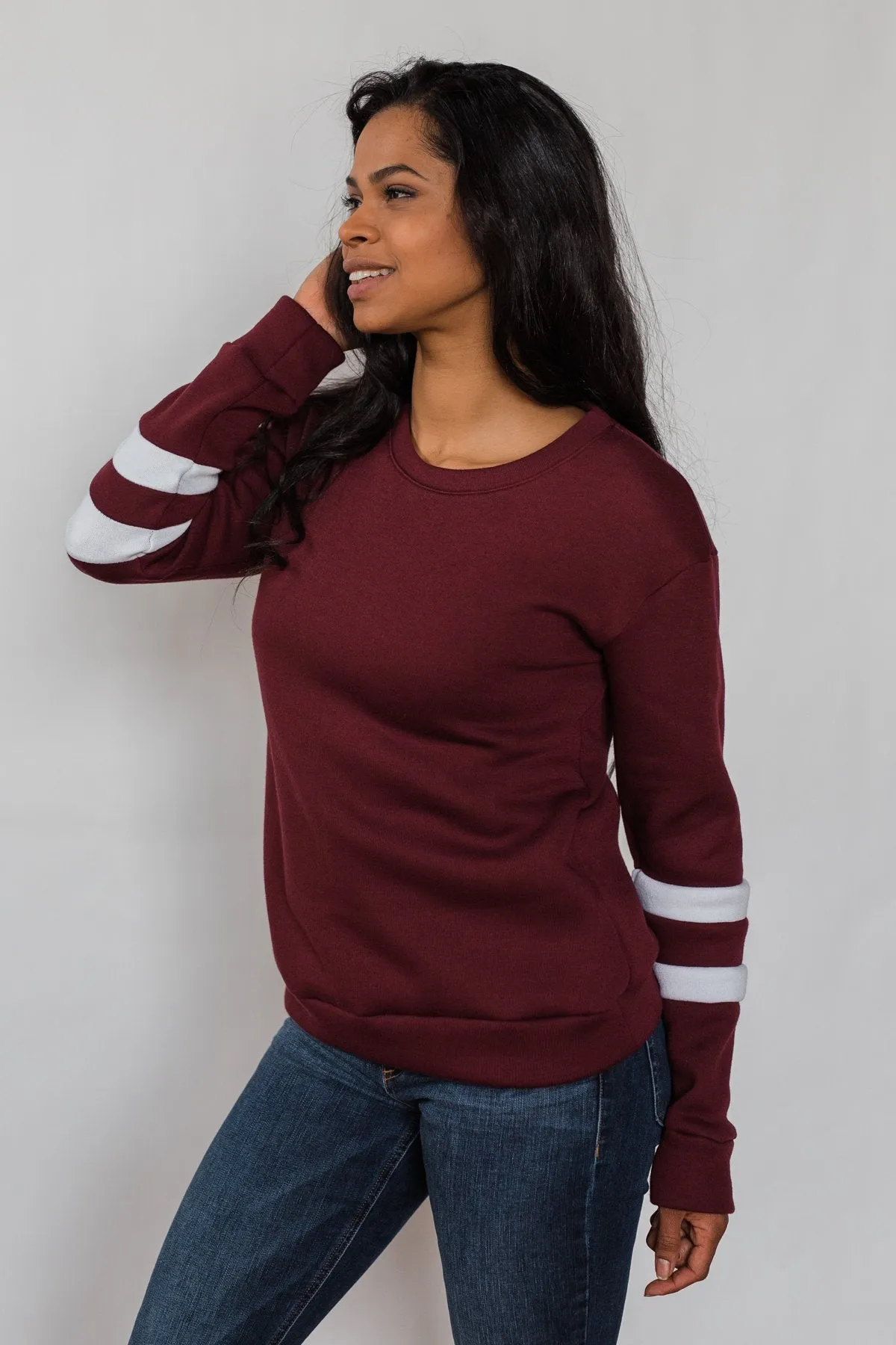 Just As Soft Varsity Stripe Crewneck- Burgundy
