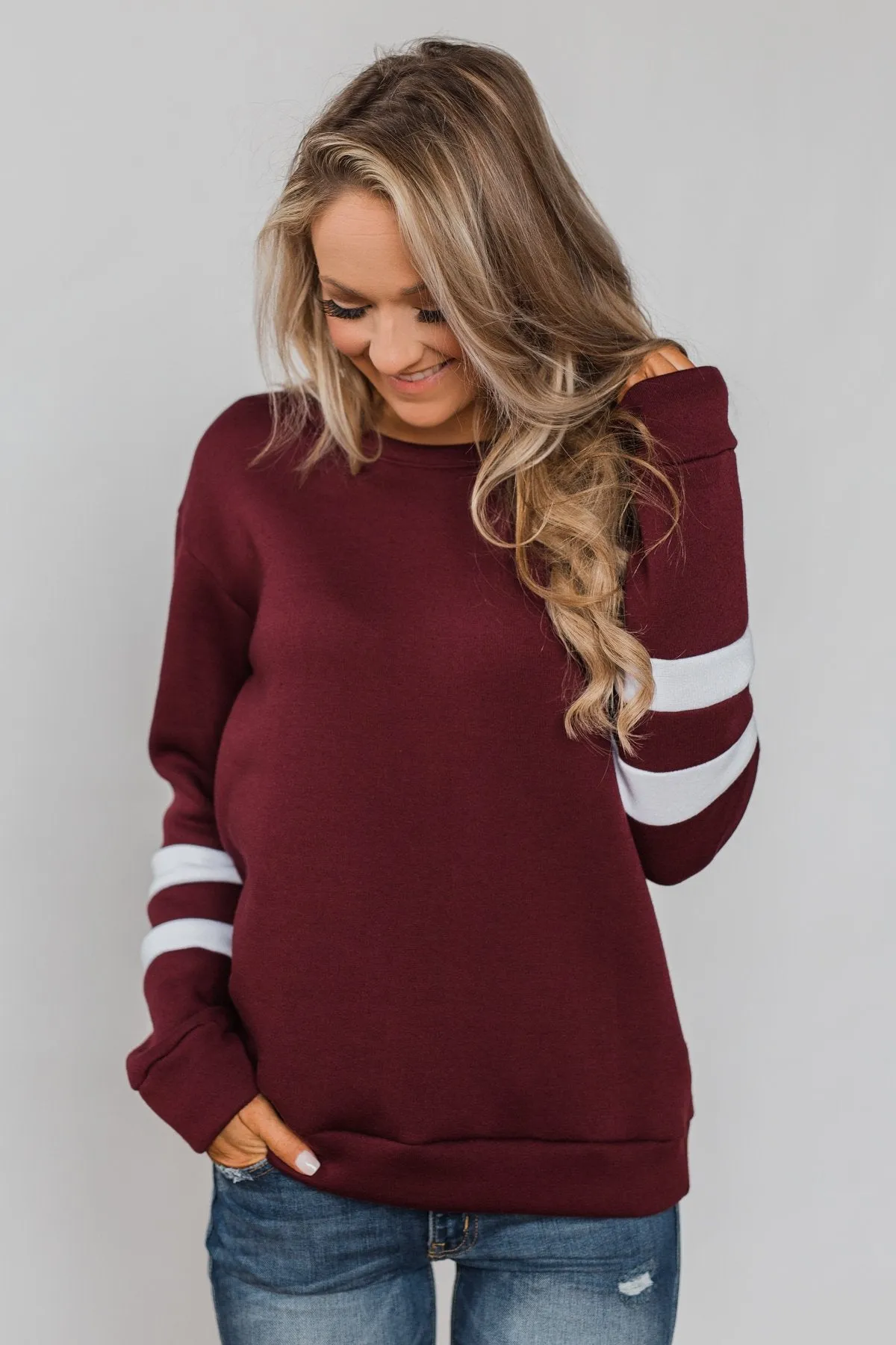 Just As Soft Varsity Stripe Crewneck- Burgundy