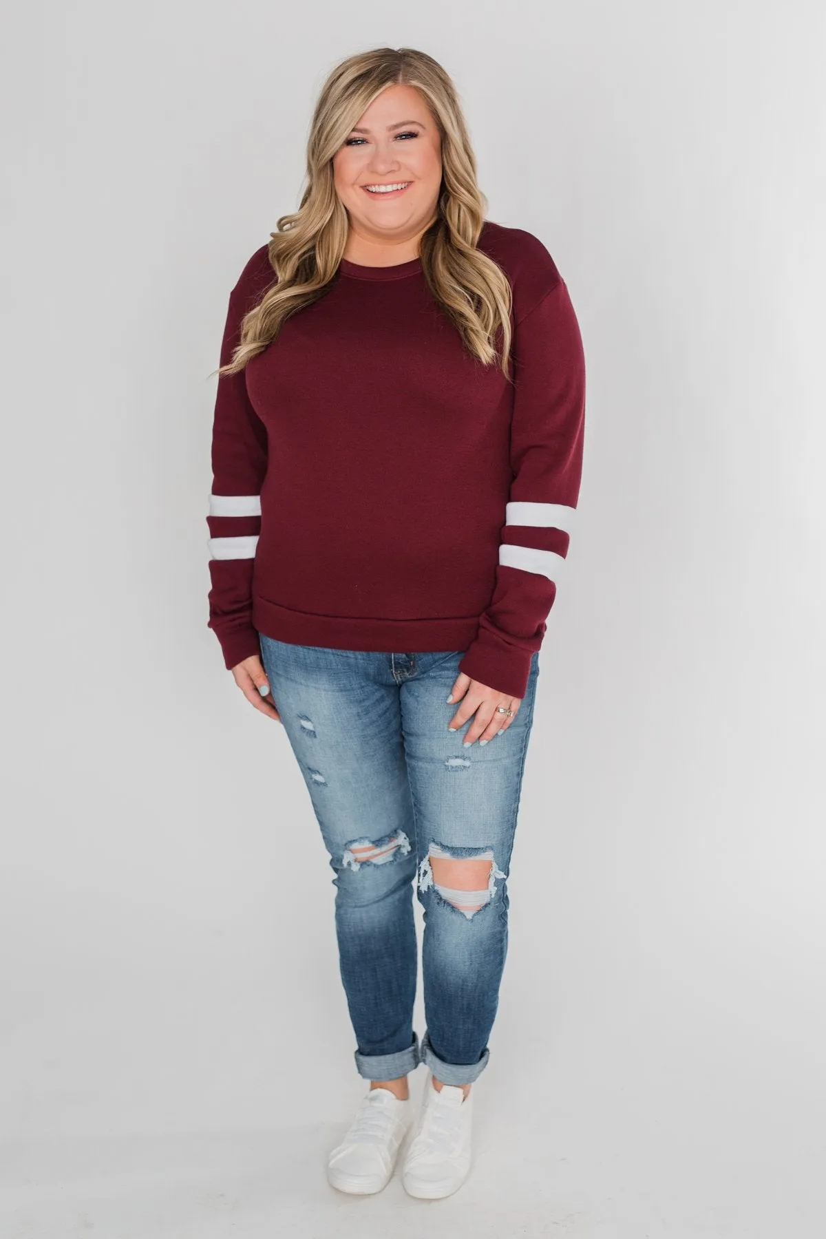 Just As Soft Varsity Stripe Crewneck- Burgundy