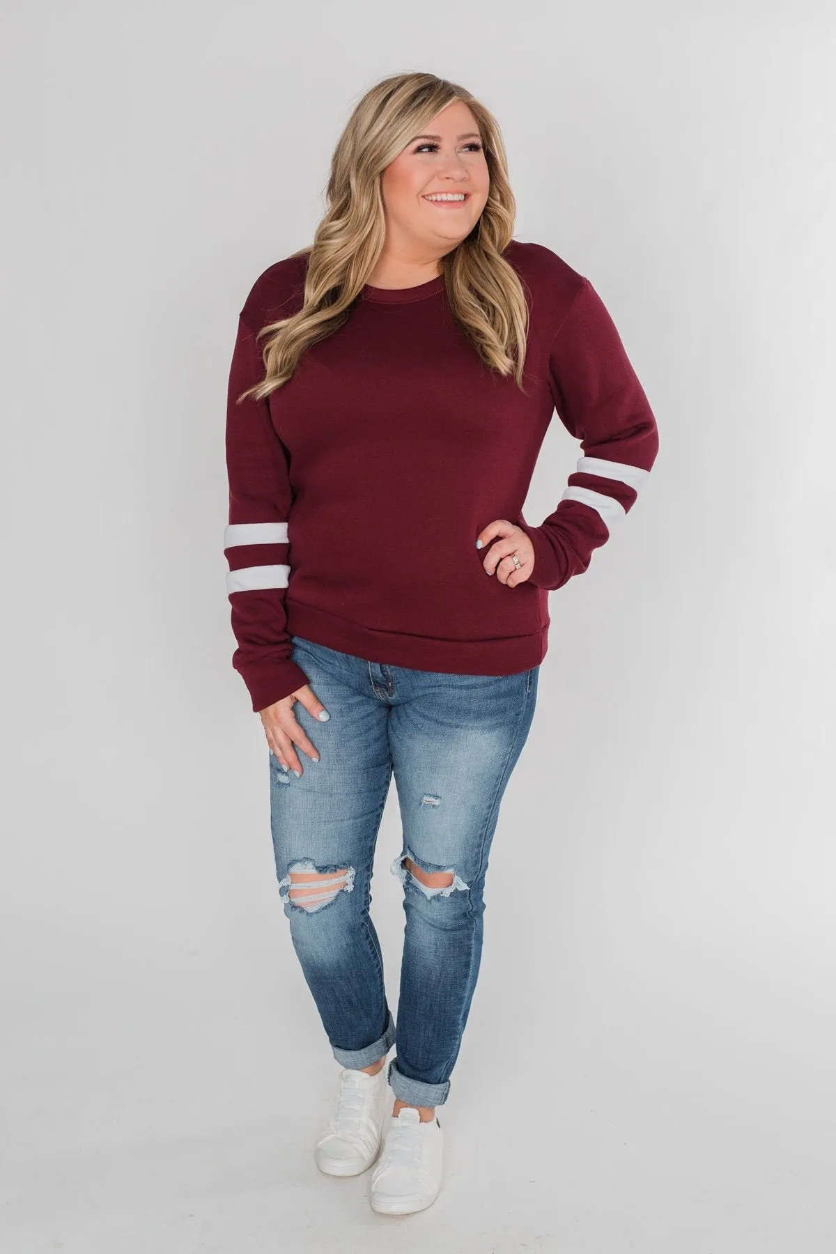 Just As Soft Varsity Stripe Crewneck- Burgundy