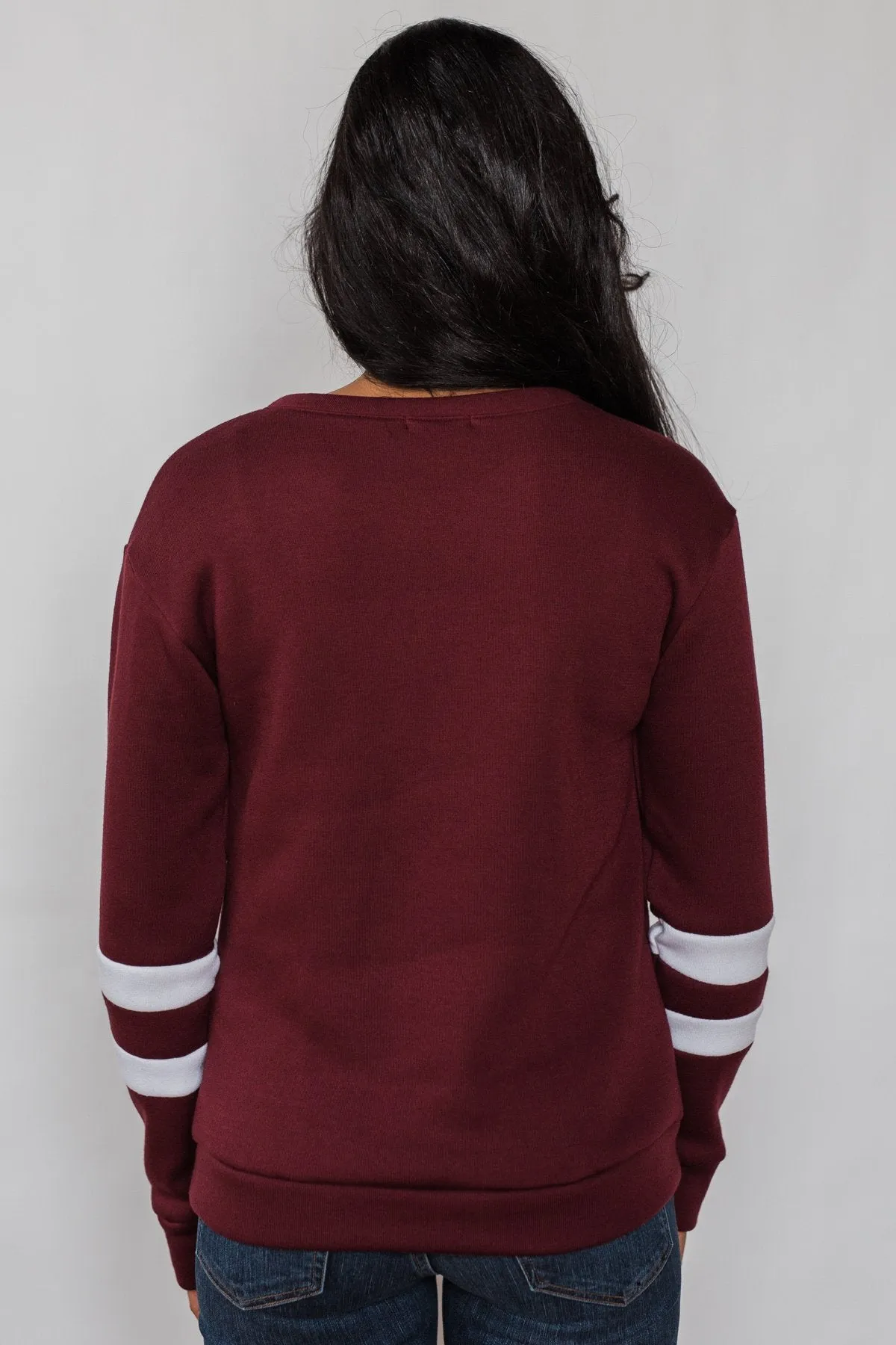 Just As Soft Varsity Stripe Crewneck- Burgundy