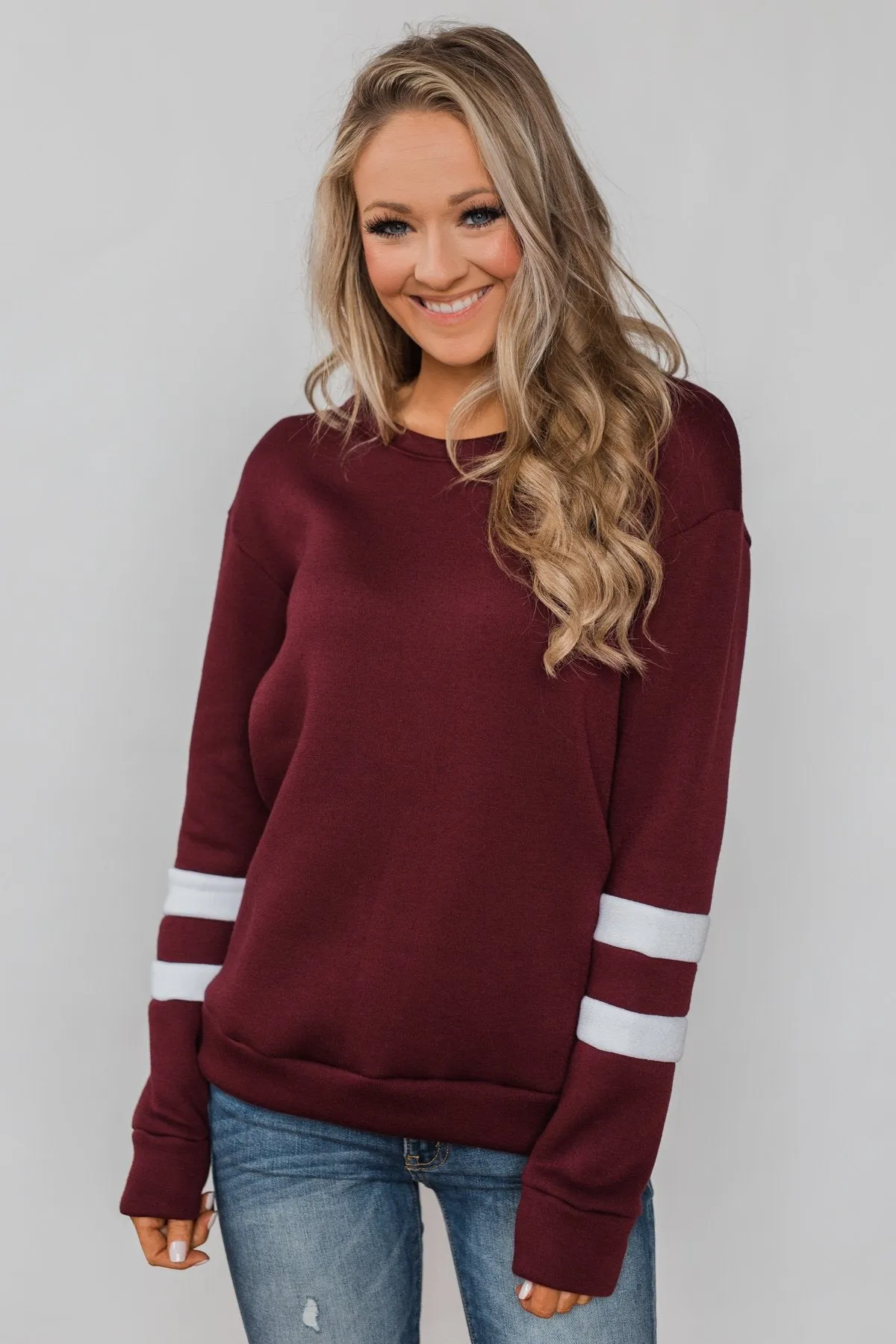 Just As Soft Varsity Stripe Crewneck- Burgundy