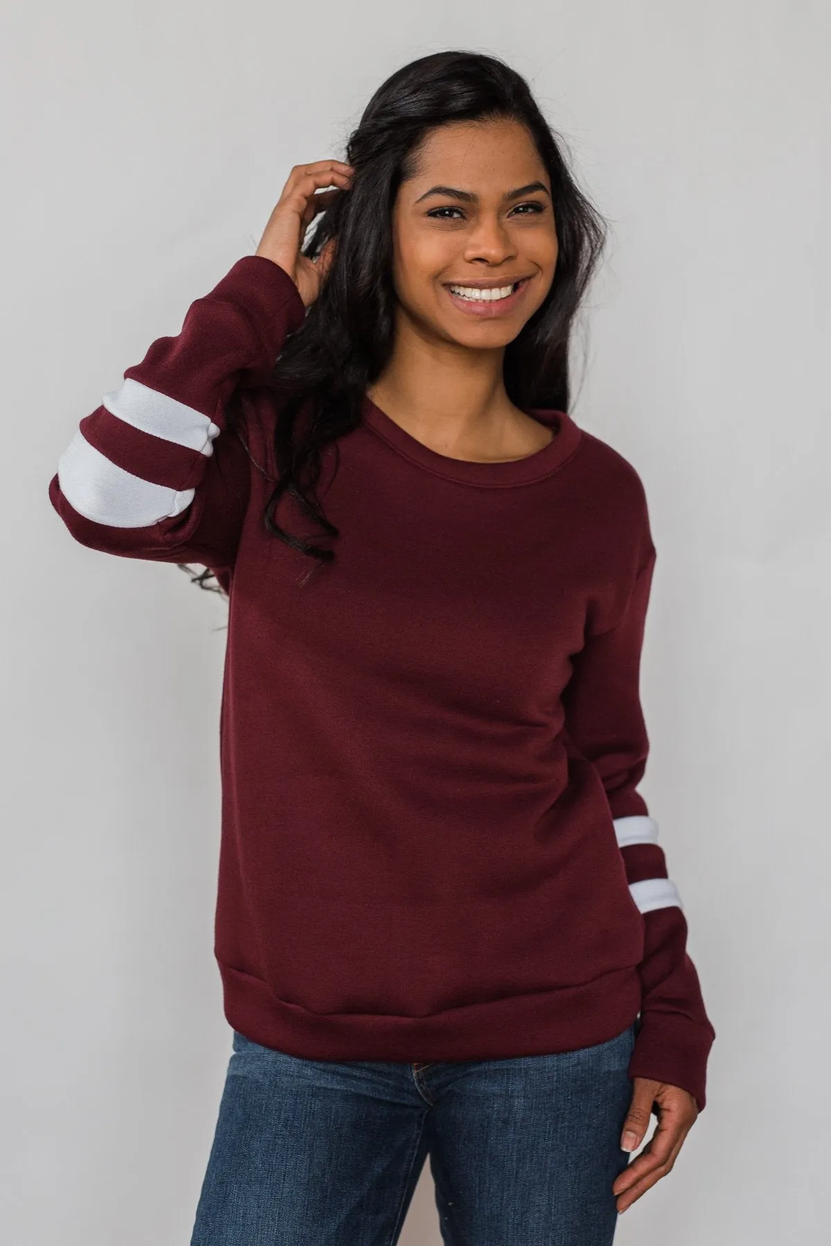 Just As Soft Varsity Stripe Crewneck- Burgundy