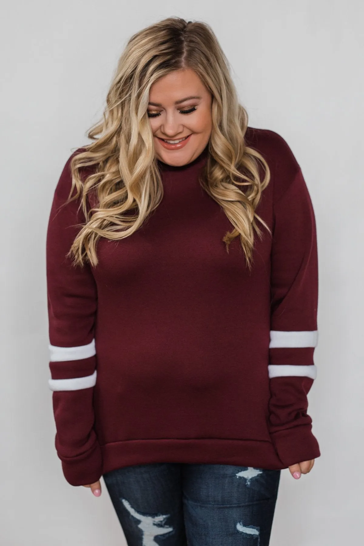 Just As Soft Varsity Stripe Crewneck- Burgundy
