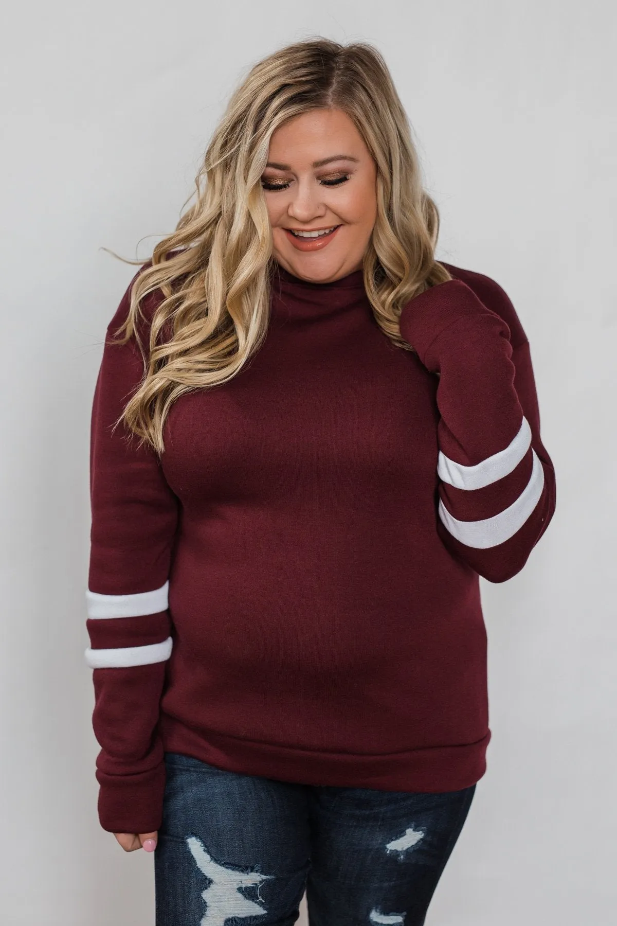 Just As Soft Varsity Stripe Crewneck- Burgundy