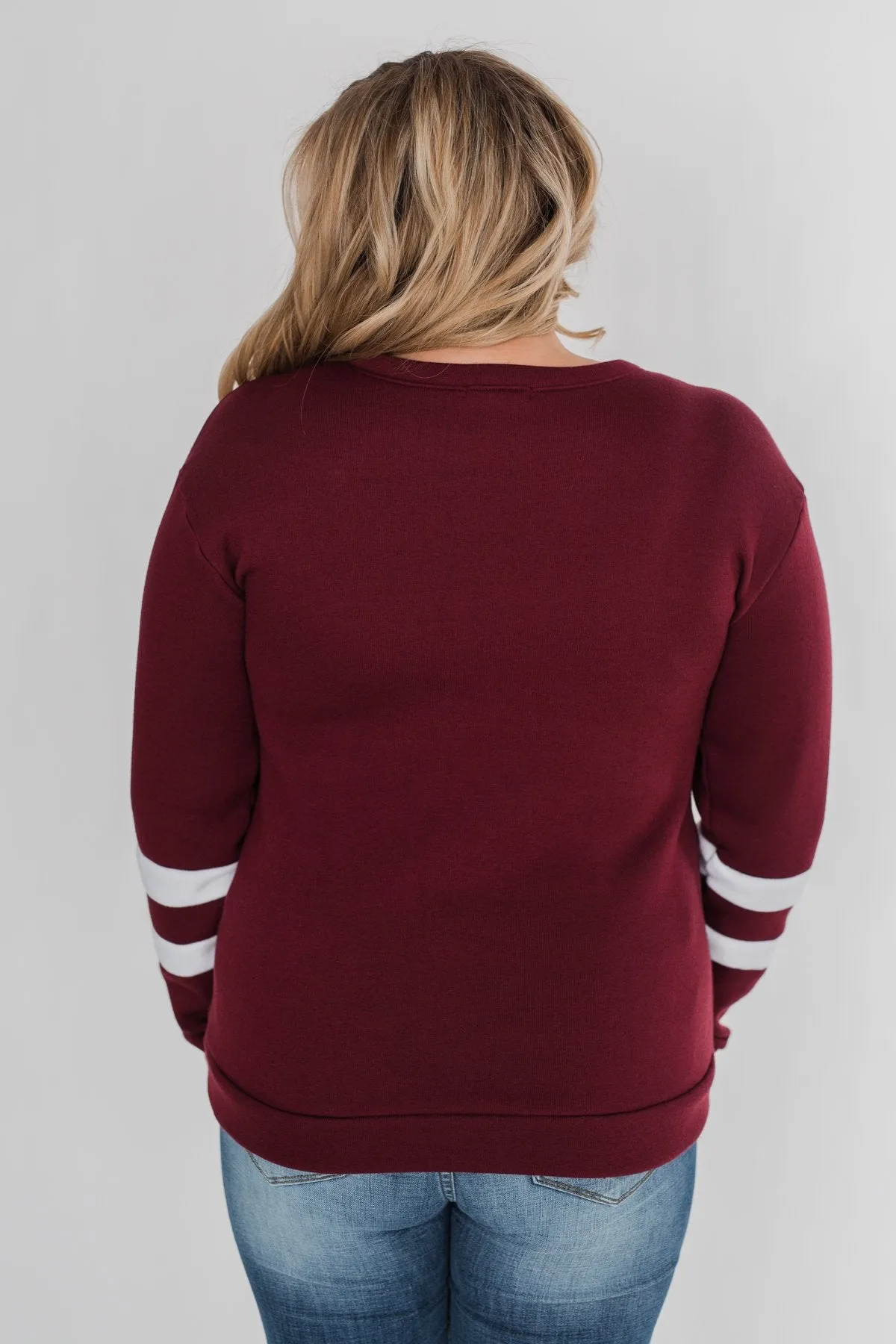 Just As Soft Varsity Stripe Crewneck- Burgundy