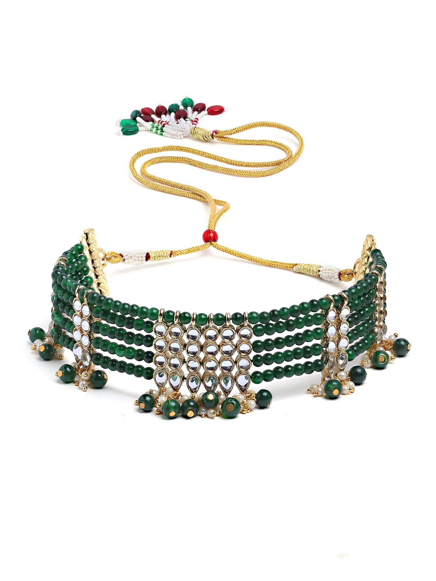 Karatcart Gold Plated Green Beaded Kundan Choker Necklace Set for Women