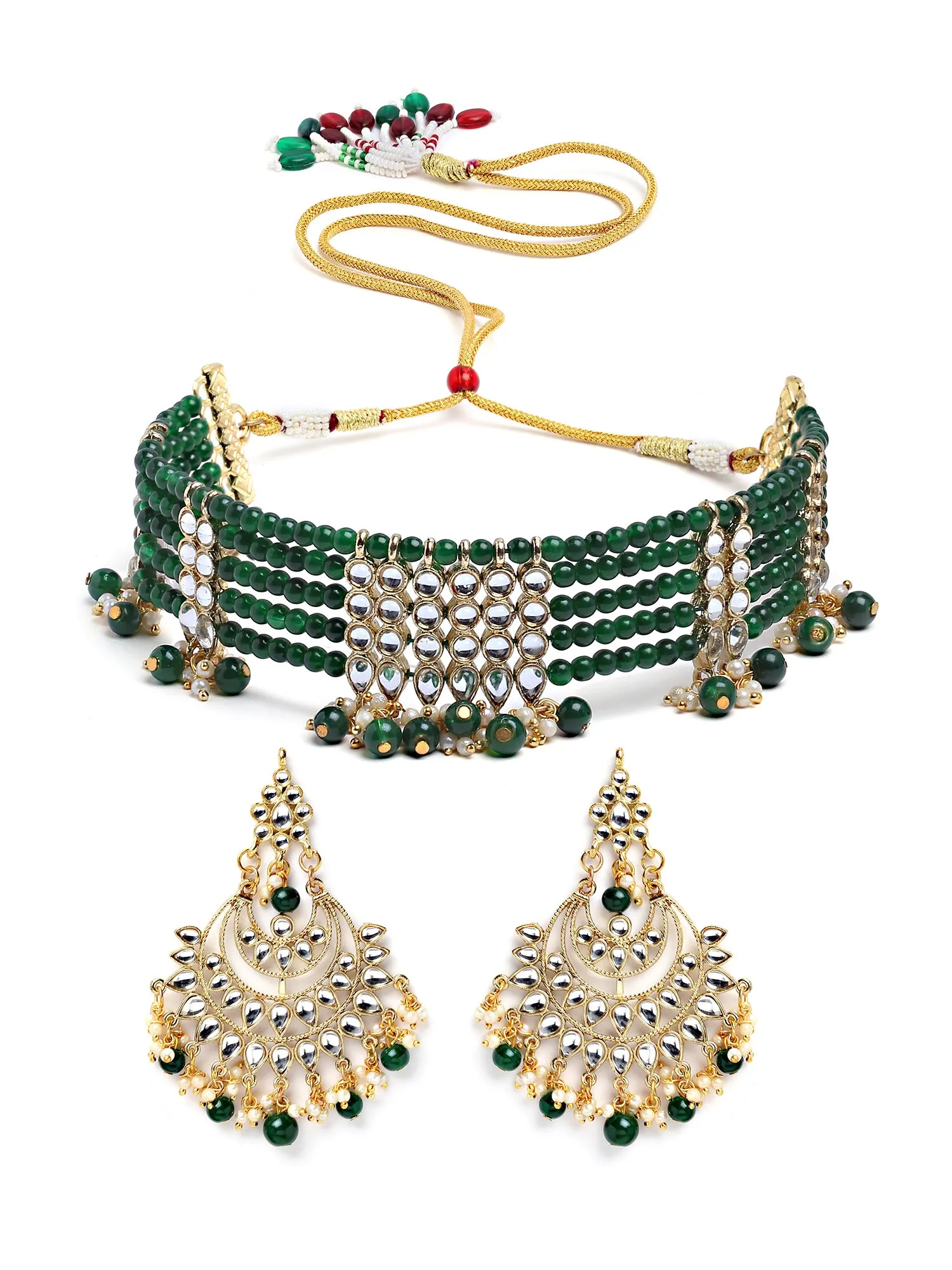 Karatcart Gold Plated Green Beaded Kundan Choker Necklace Set for Women