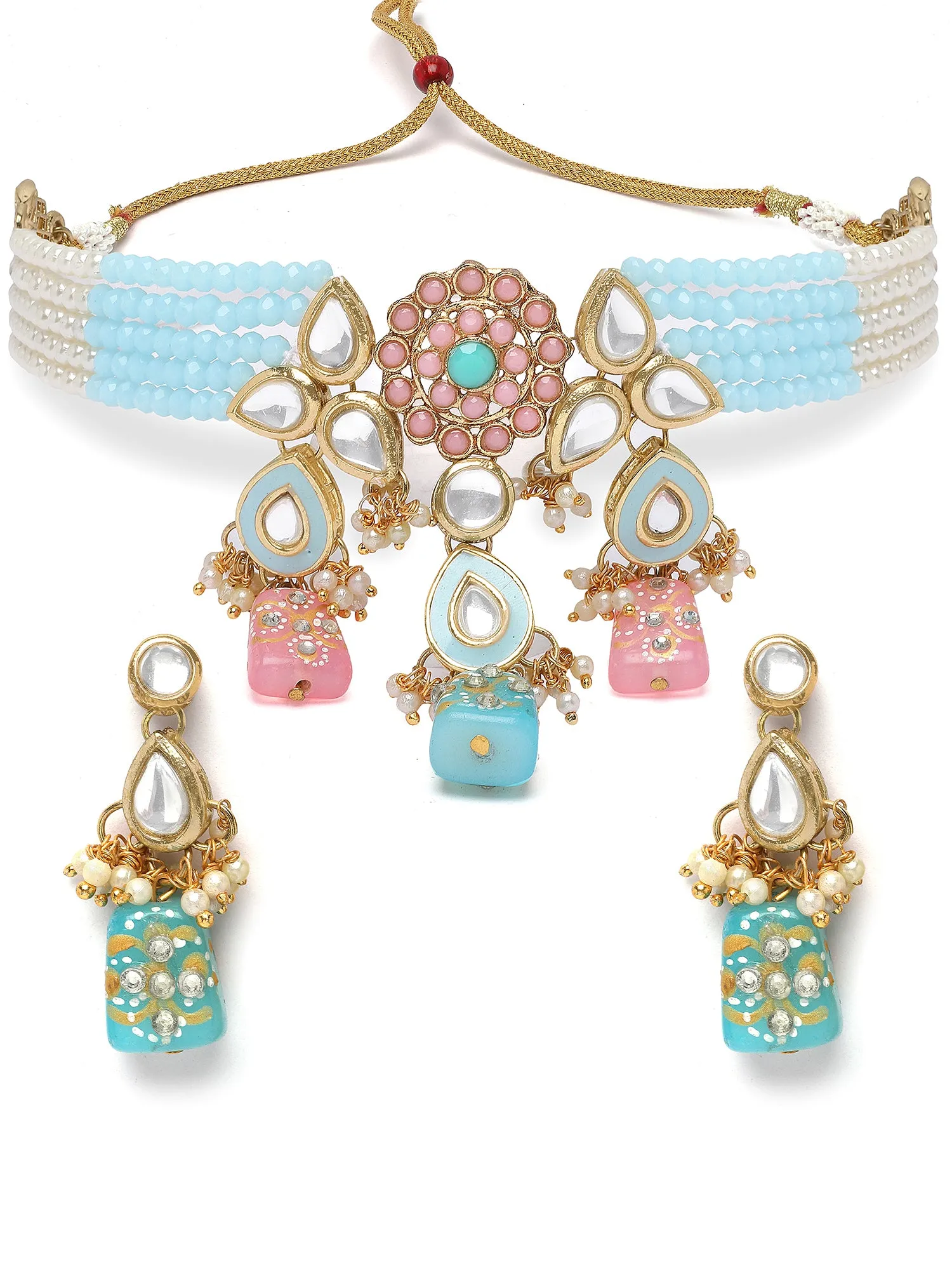 KARATCART Gold Plated Kundan Choker Light Blue Jewellery Set for Women