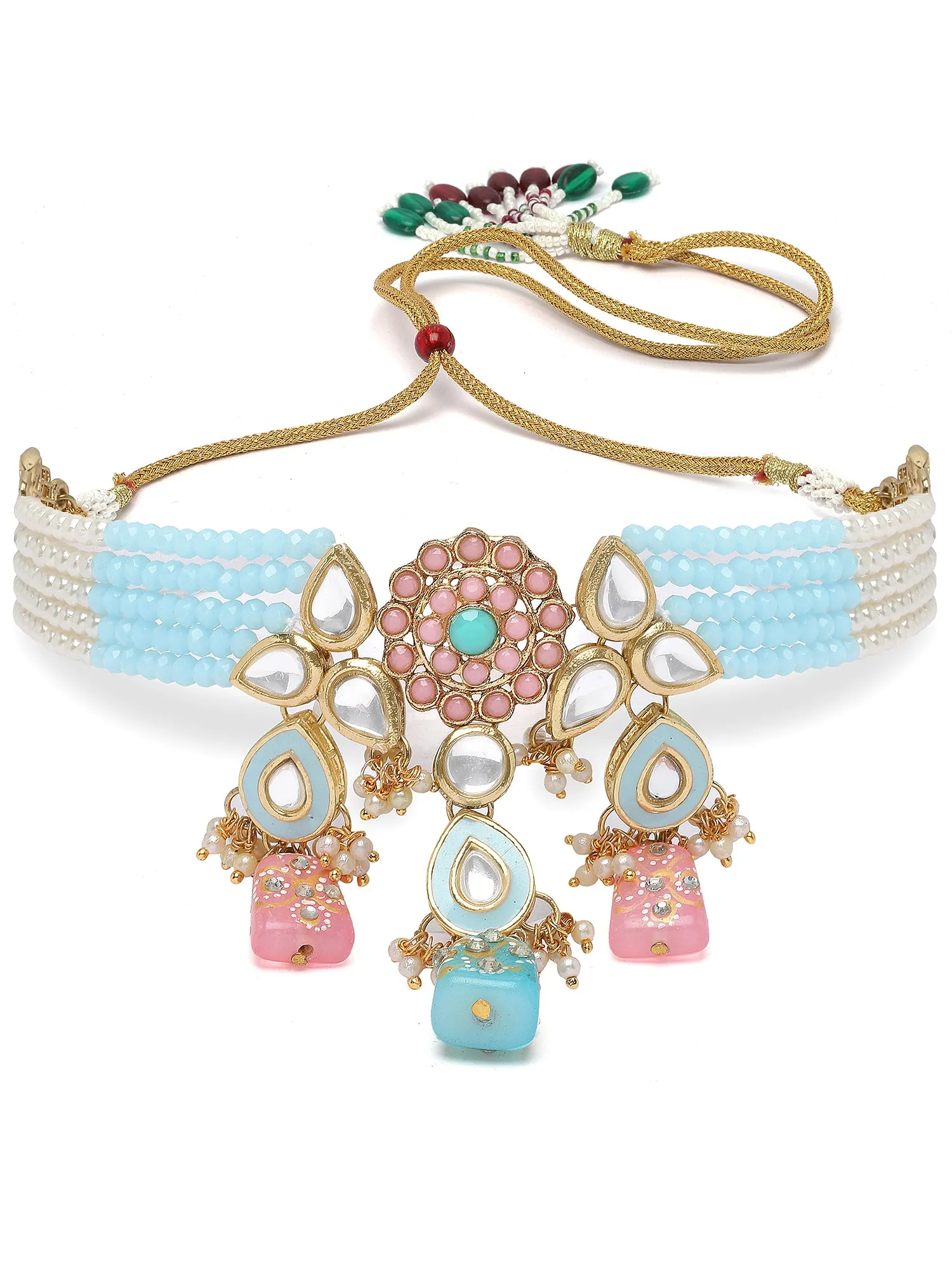 KARATCART Gold Plated Kundan Choker Light Blue Jewellery Set for Women