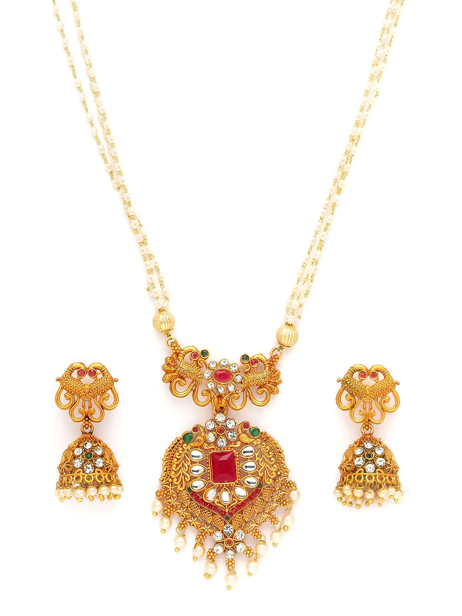 Karatcart Gold-Plated Stone-Studded Pearl Drop Beaded Temple Jewellery Set
