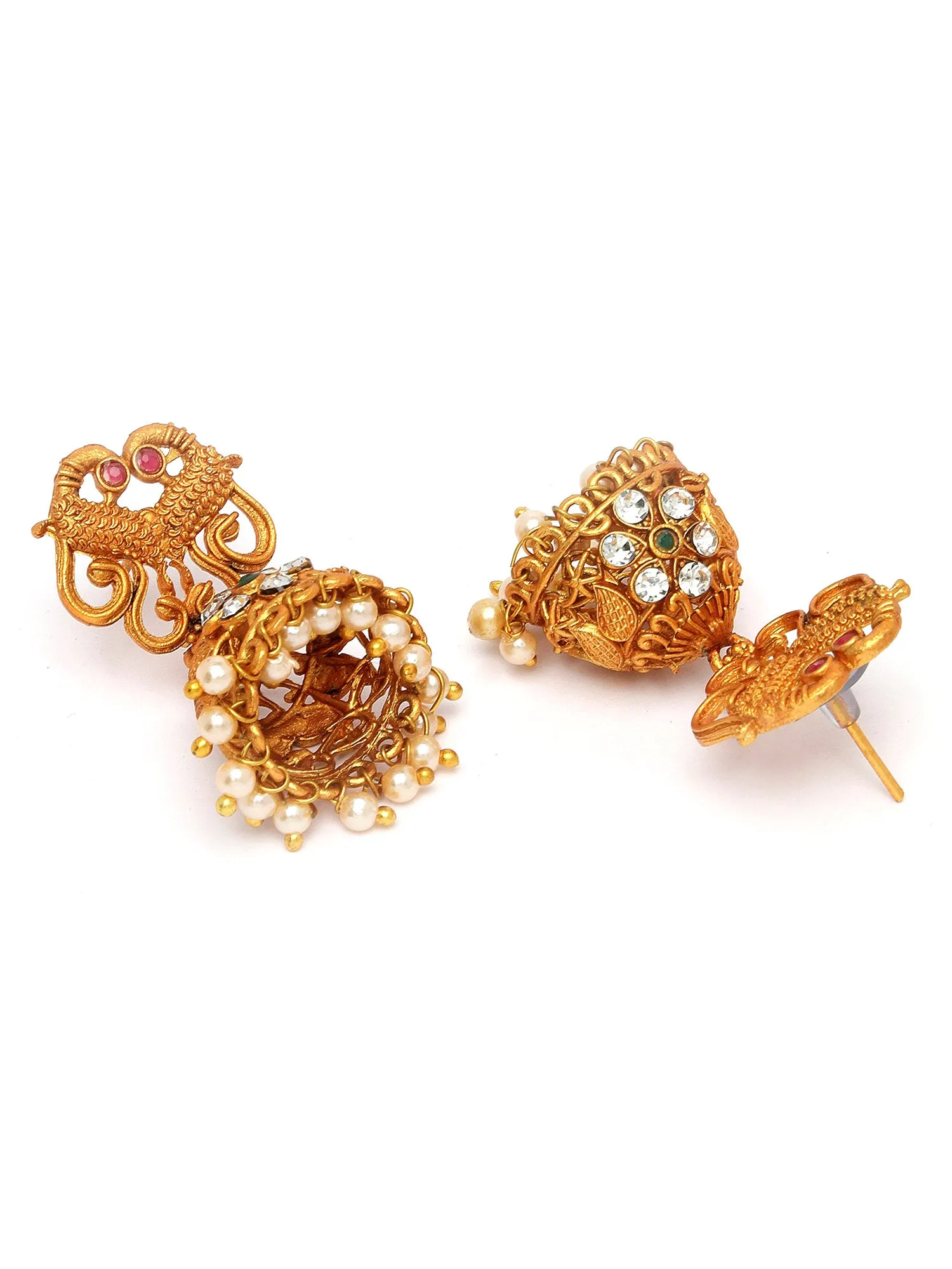 Karatcart Gold-Plated Stone-Studded Pearl Drop Beaded Temple Jewellery Set