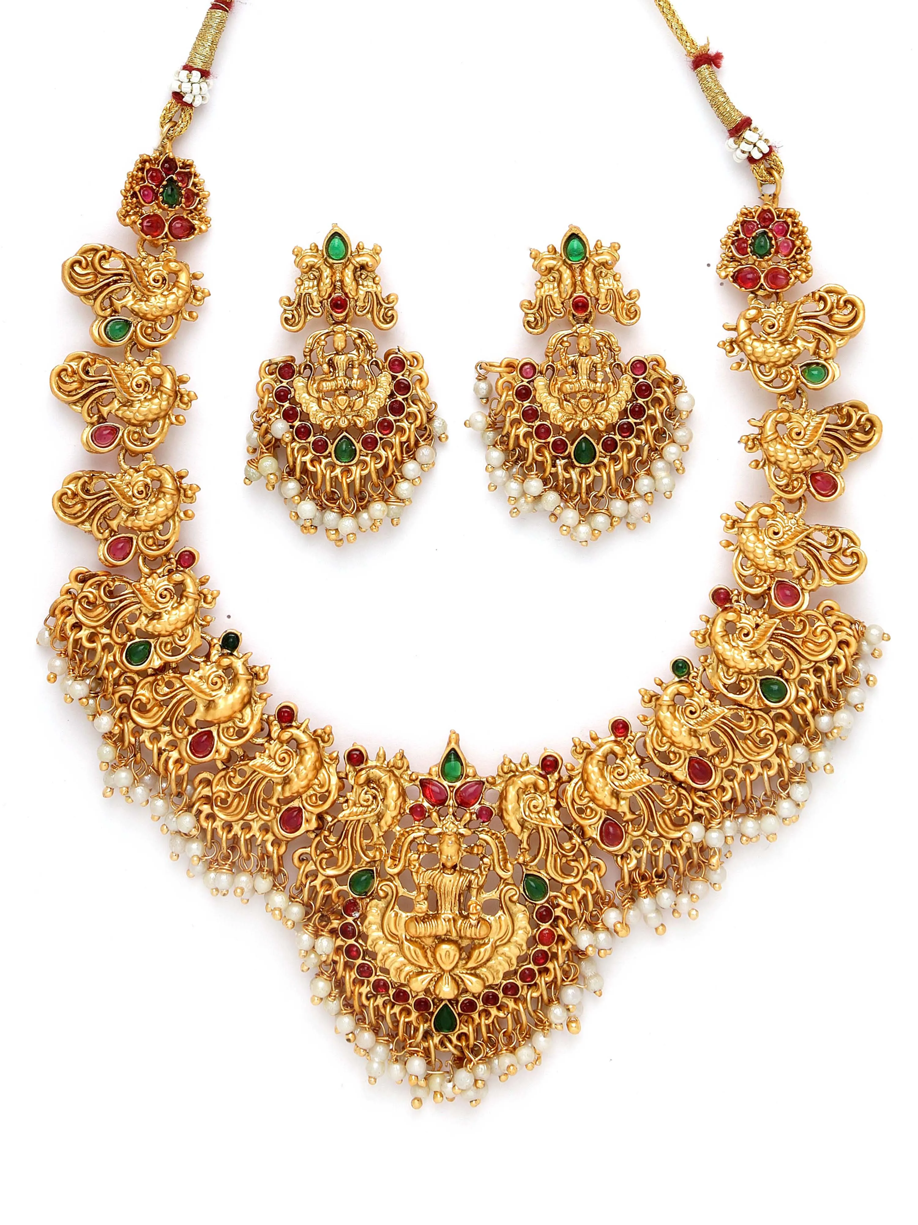Karatcart Gold-Plated Stone-Studded Pearl Drop Beaded Temple Jewellery Set