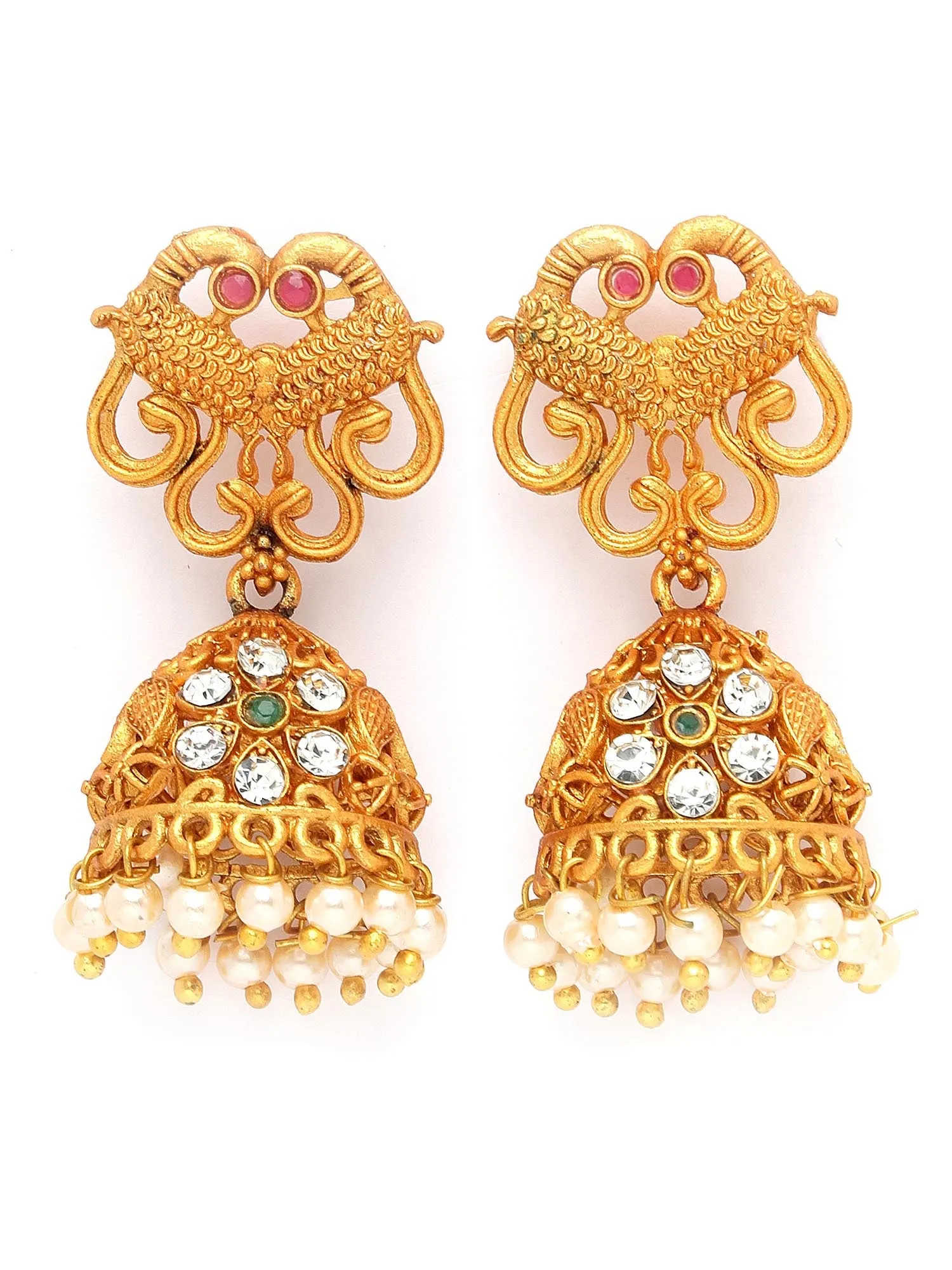 Karatcart Gold-Plated Stone-Studded Pearl Drop Beaded Temple Jewellery Set