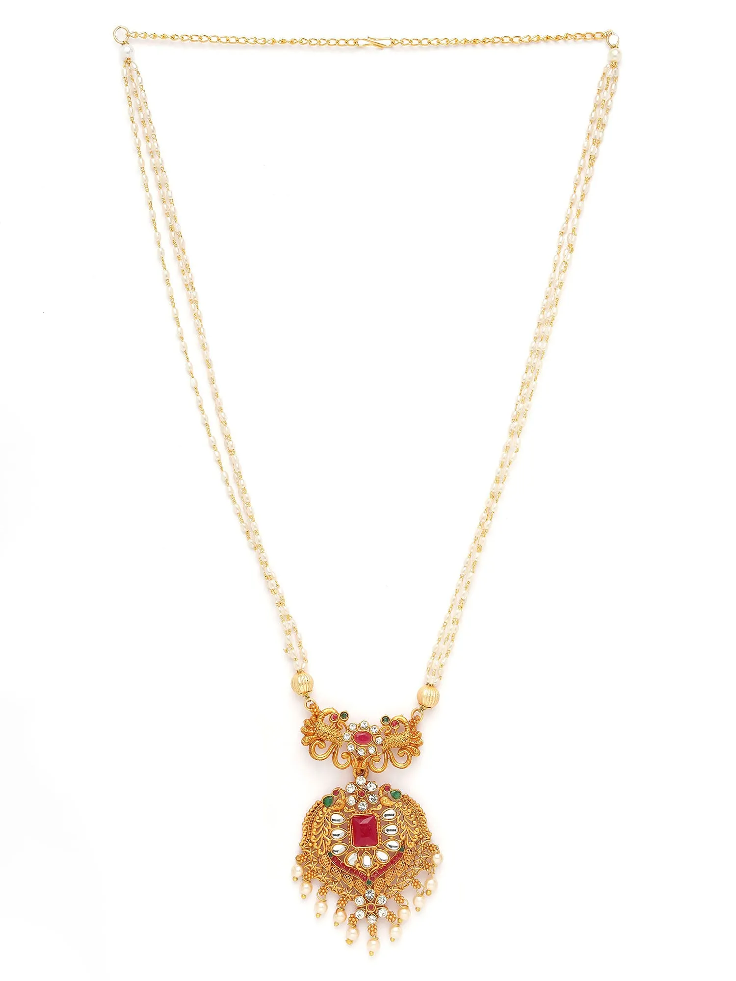 Karatcart Gold-Plated Stone-Studded Pearl Drop Beaded Temple Jewellery Set