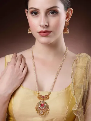 Karatcart Gold-Plated Stone-Studded Pearl Drop Beaded Temple Jewellery Set