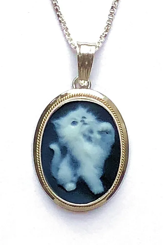 Kitty Cat Blue Agate Cameo Pendant in a Sterling Silver Frame